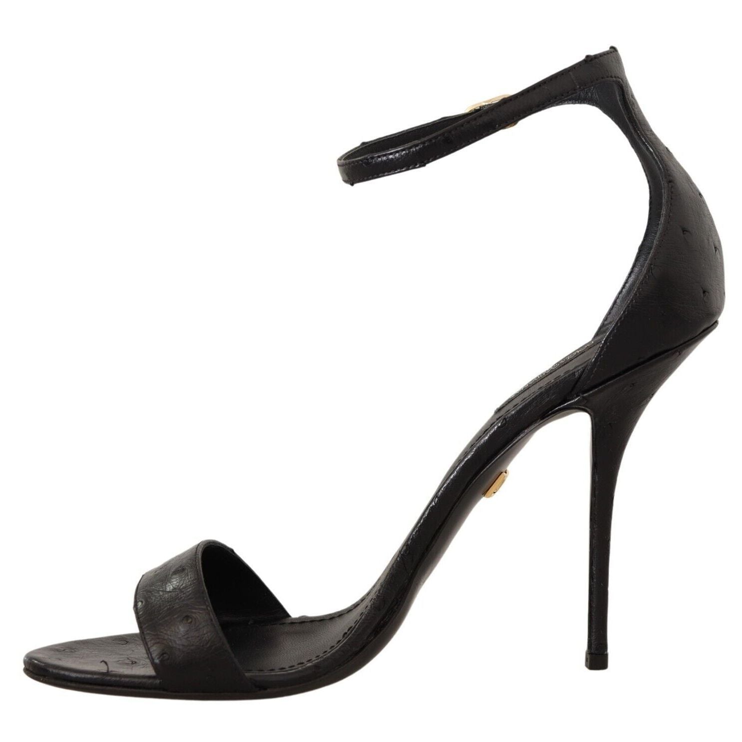 Dolce & Gabbana Black Ostrich Ankle Strap Heels Sandals Shoes