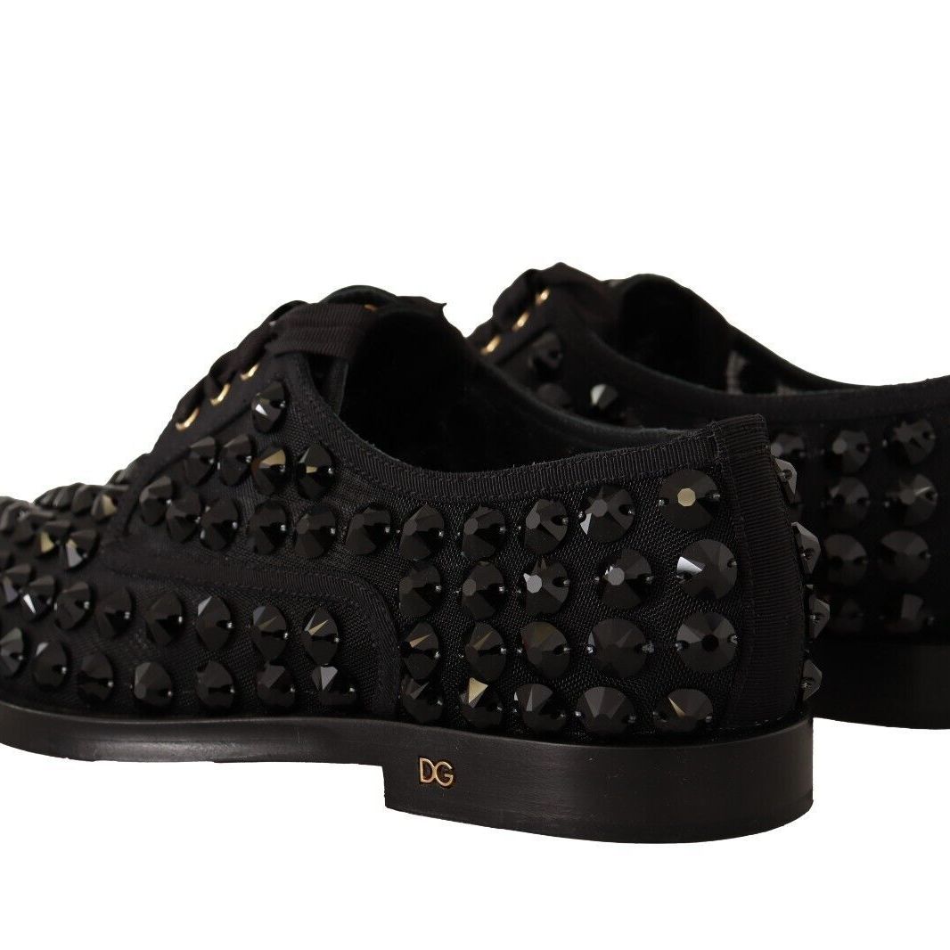 Dolce & Gabbana Black Lace Up Studded Formal Flats Shoes