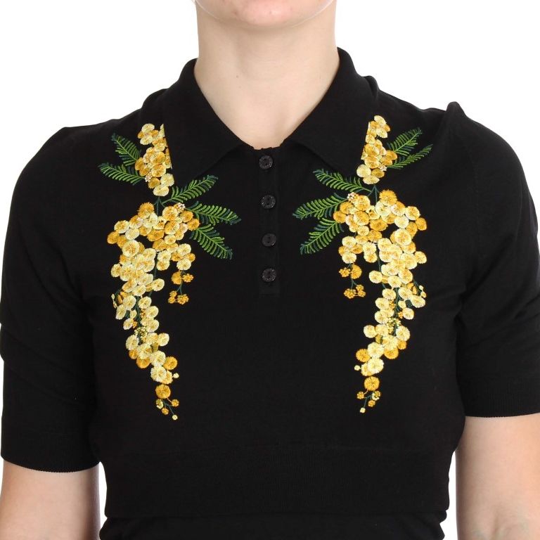 Dolce & Gabbana Black Silk Floral Embroidered Polo Top