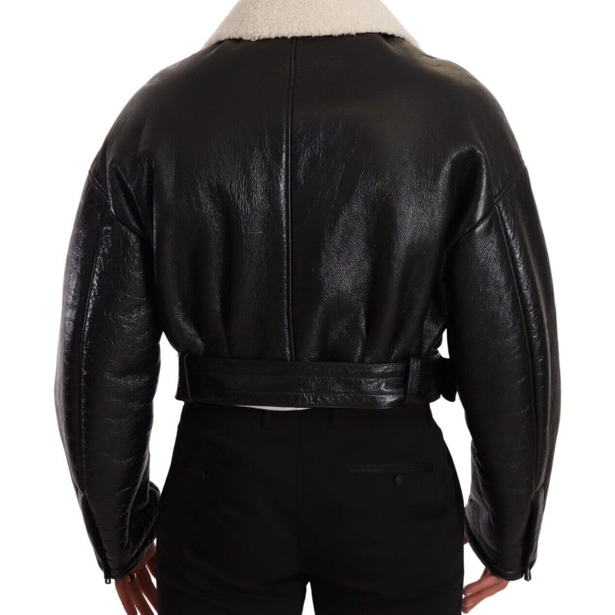 Dolce & Gabbana Black Leather Shearling Biker Coat Jacket