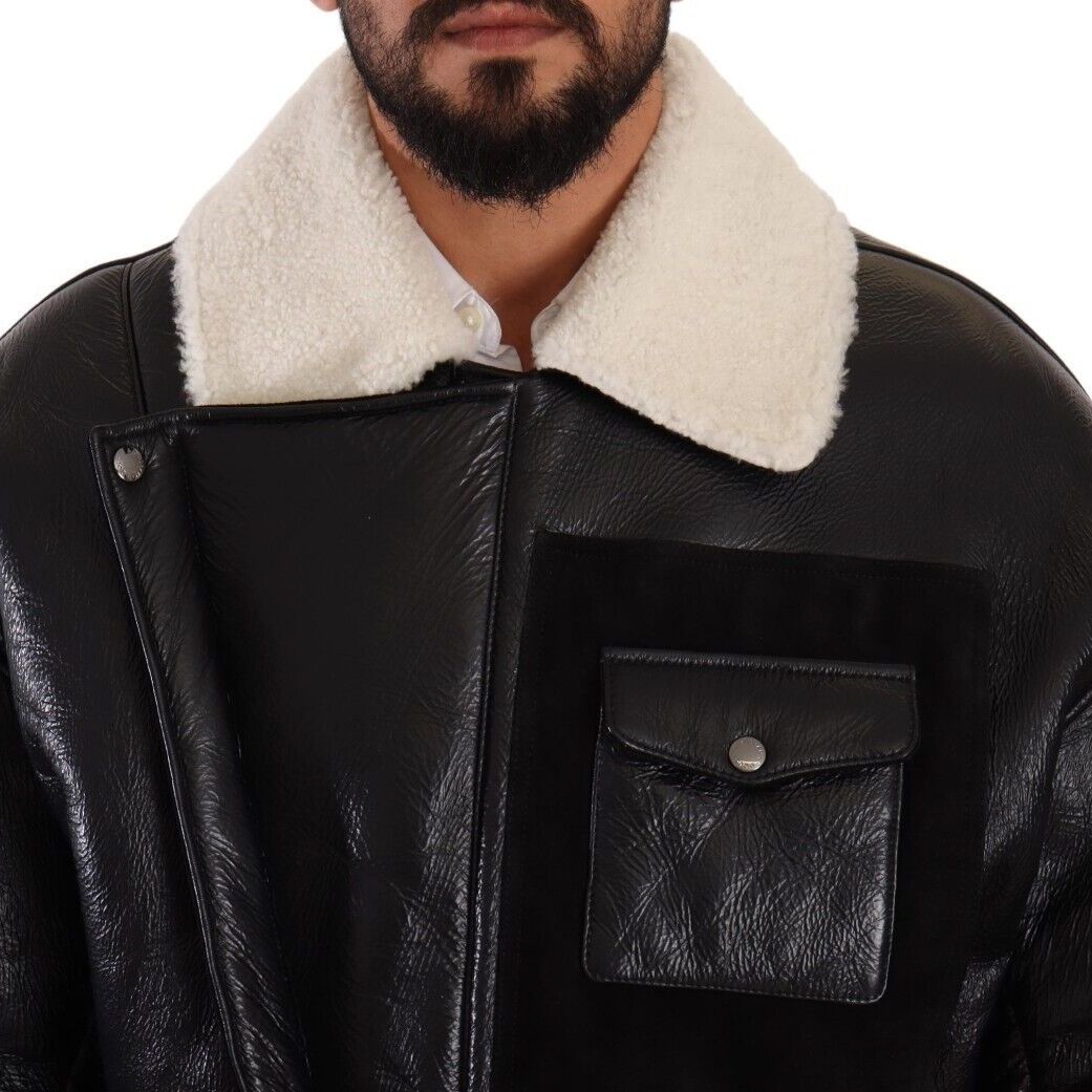 Dolce & Gabbana Black Leather Shearling Biker Coat Jacket