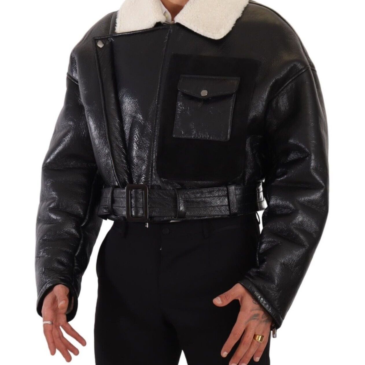 Dolce & Gabbana Black Leather Shearling Biker Coat Jacket