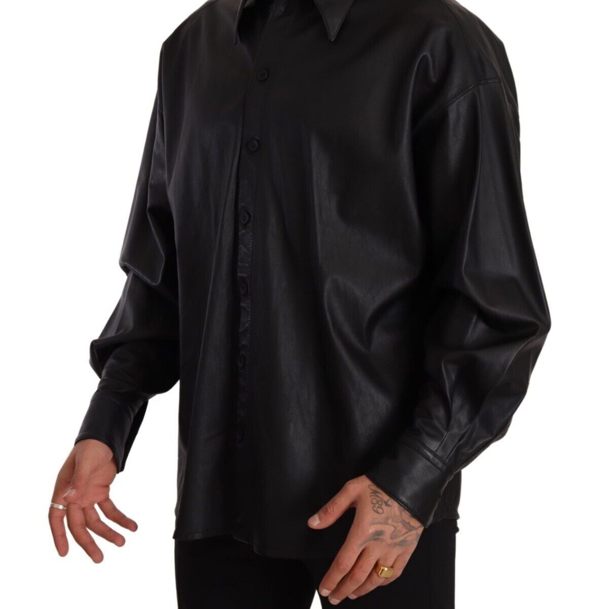 Dolce & Gabbana Black Leather Button Down Men Collared Jacket