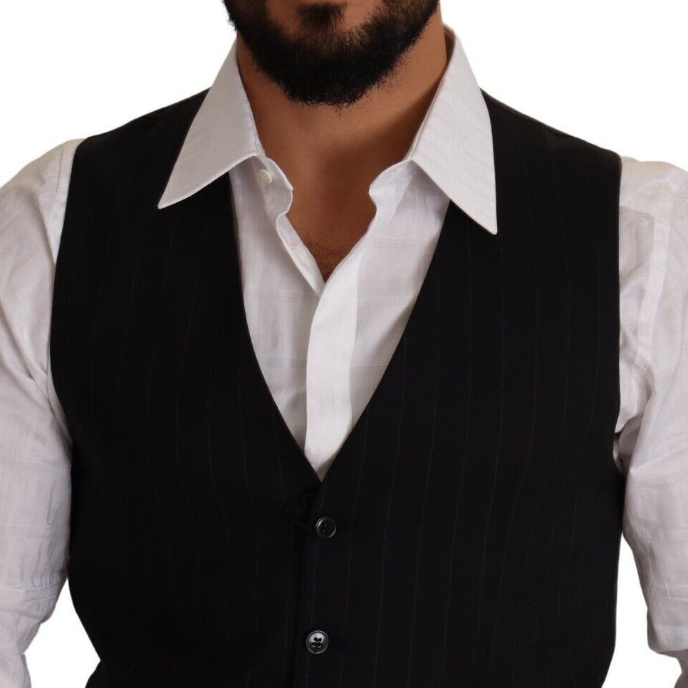 Dolce & Gabbana Blue Striped Wool Stretch Waistcoat Vest