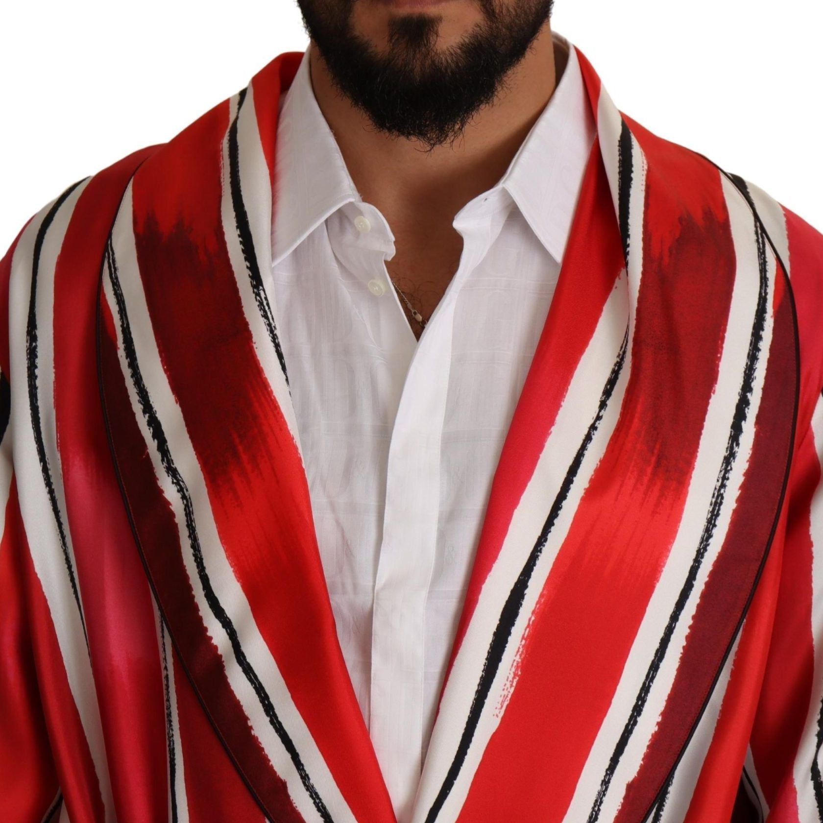 Dolce & Gabbana Red White Striped Silk Mens Night Gown Robe