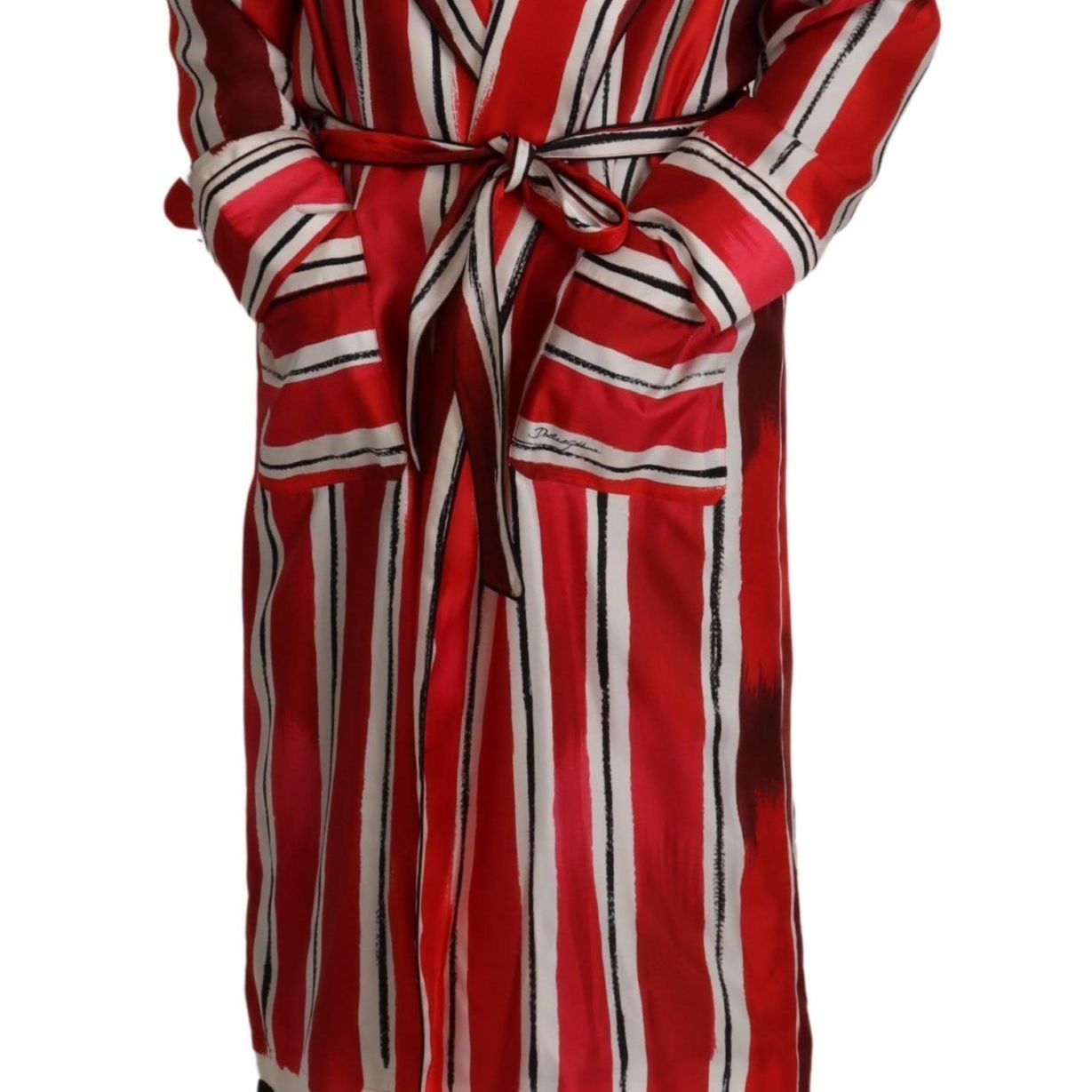 Dolce & Gabbana Red White Striped Silk Mens Night Gown Robe