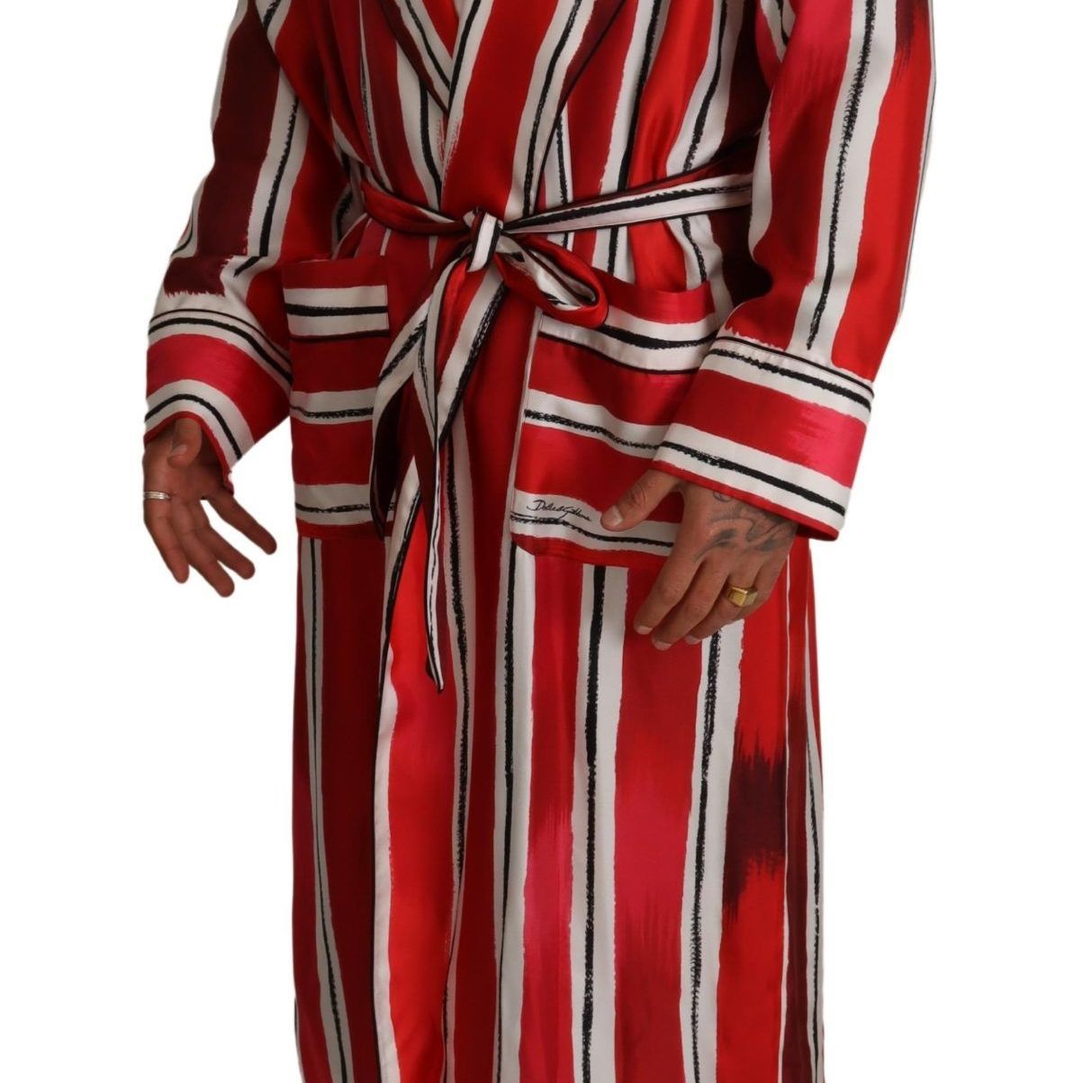 Dolce & Gabbana Red White Striped Silk Mens Night Gown Robe