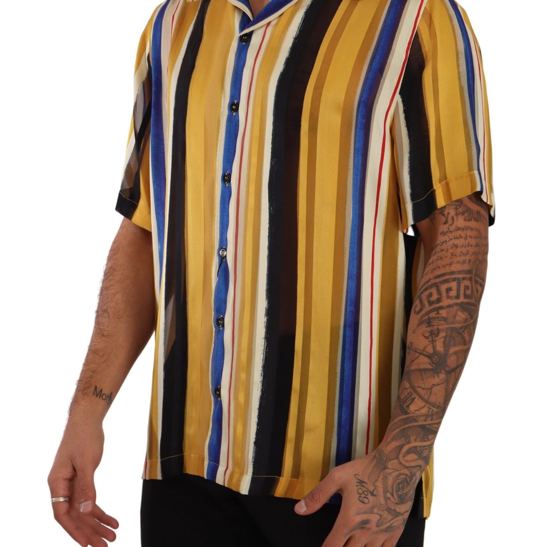 Dolce & Gabbana Yellow Striped Short Sleeve Silk Shirt
