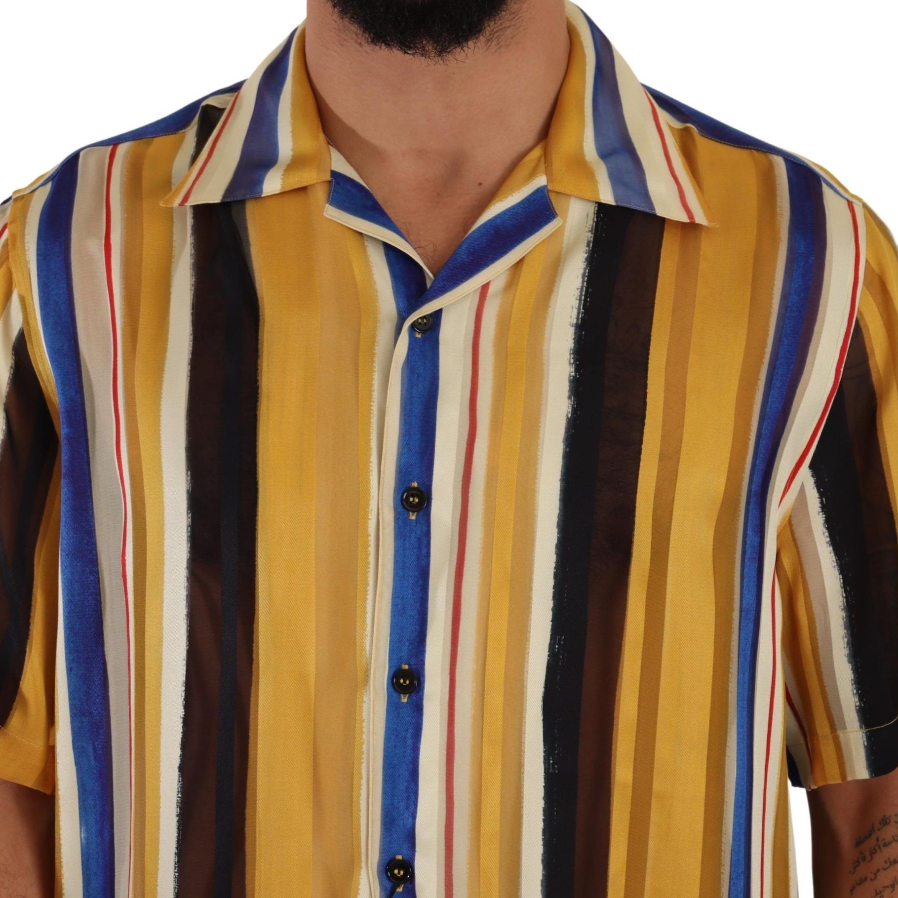 Dolce & Gabbana Yellow Striped Short Sleeve Silk Shirt