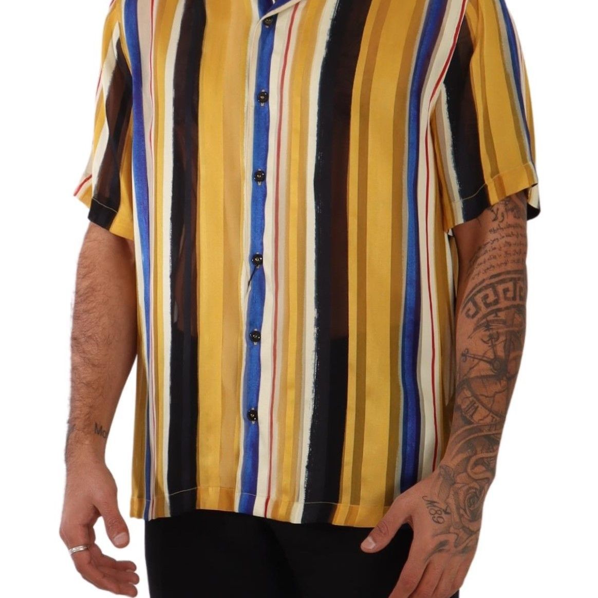 Dolce & Gabbana Yellow Striped Short Sleeve Silk Shirt