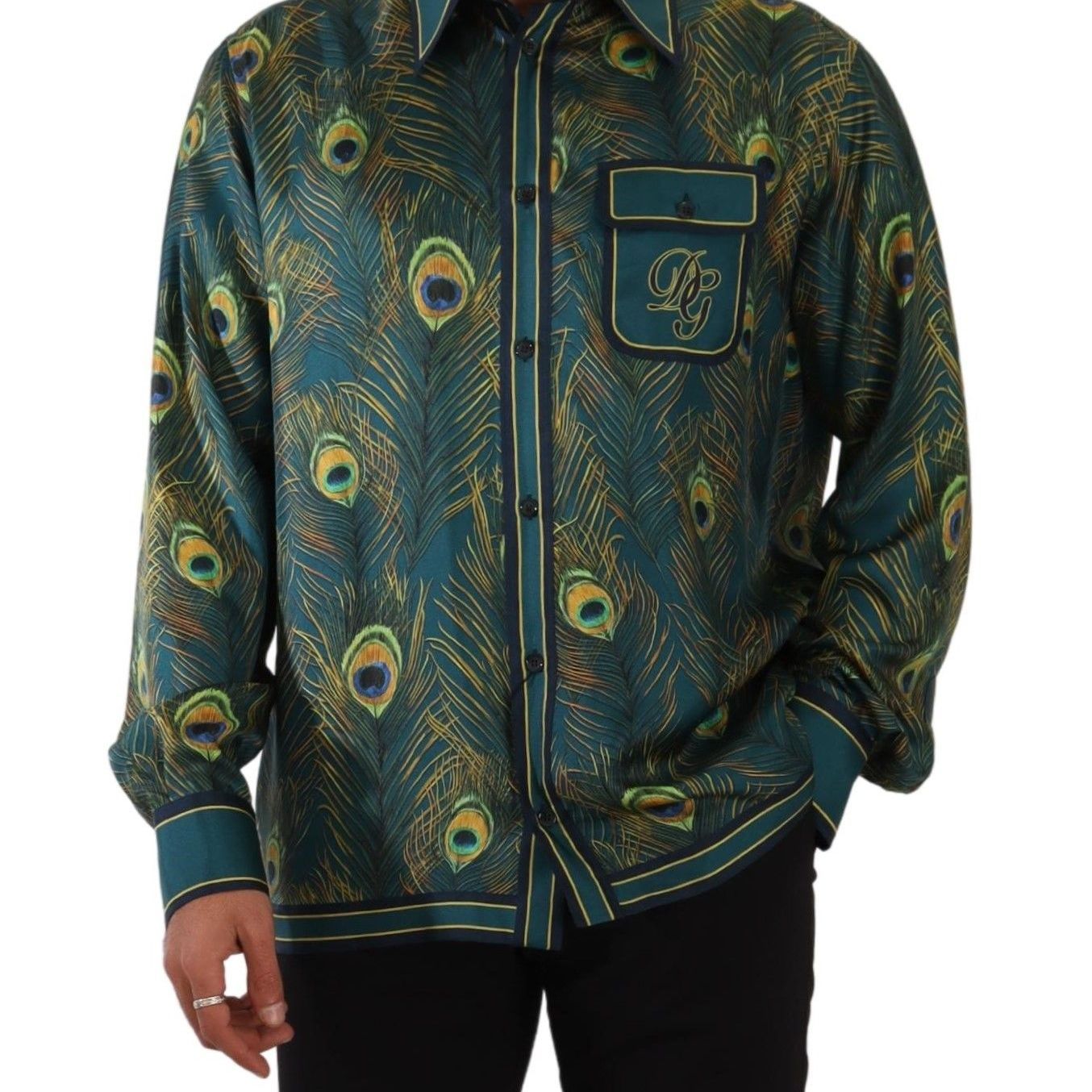 Dolce & Gabbana Peacock Feather Print Silk Pajama Mens Shirt