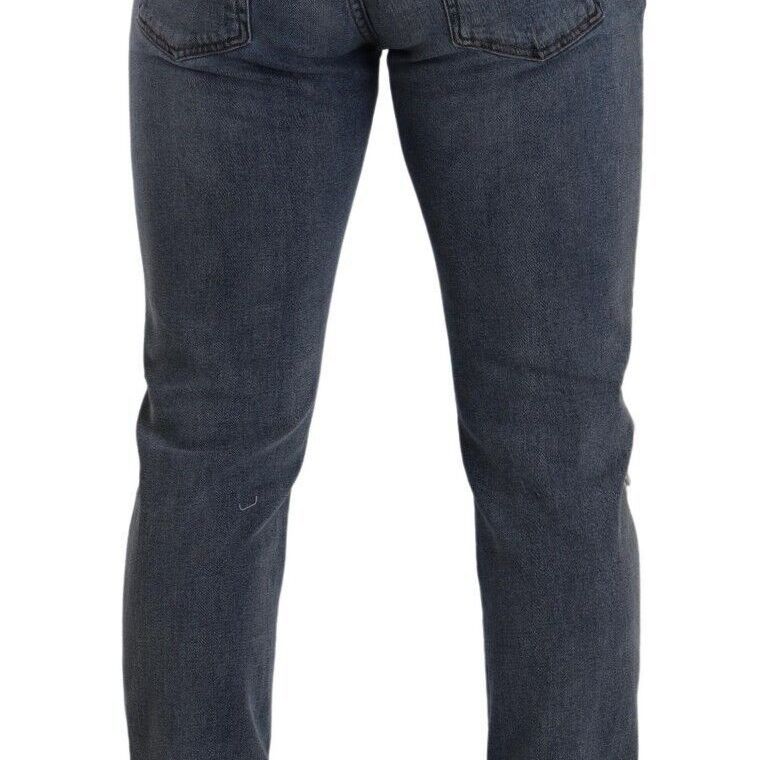 Dolce & Gabbana Blue Two Tone Tattered Cotton Slim Denim Jeans