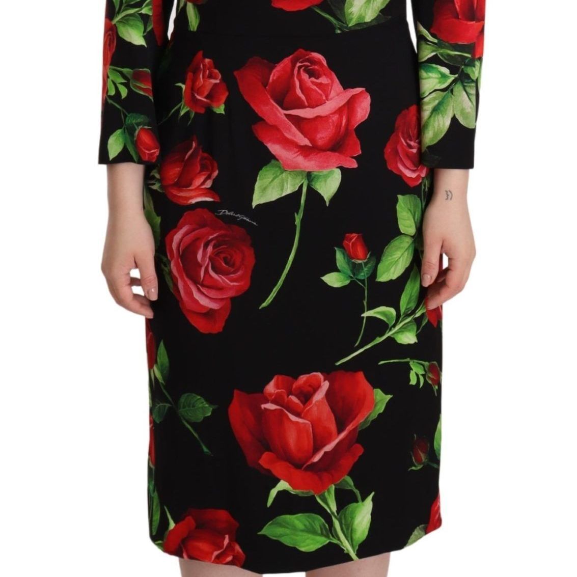Dolce & Gabbana Black Red Roses Sheath Stretch Silk Dress
