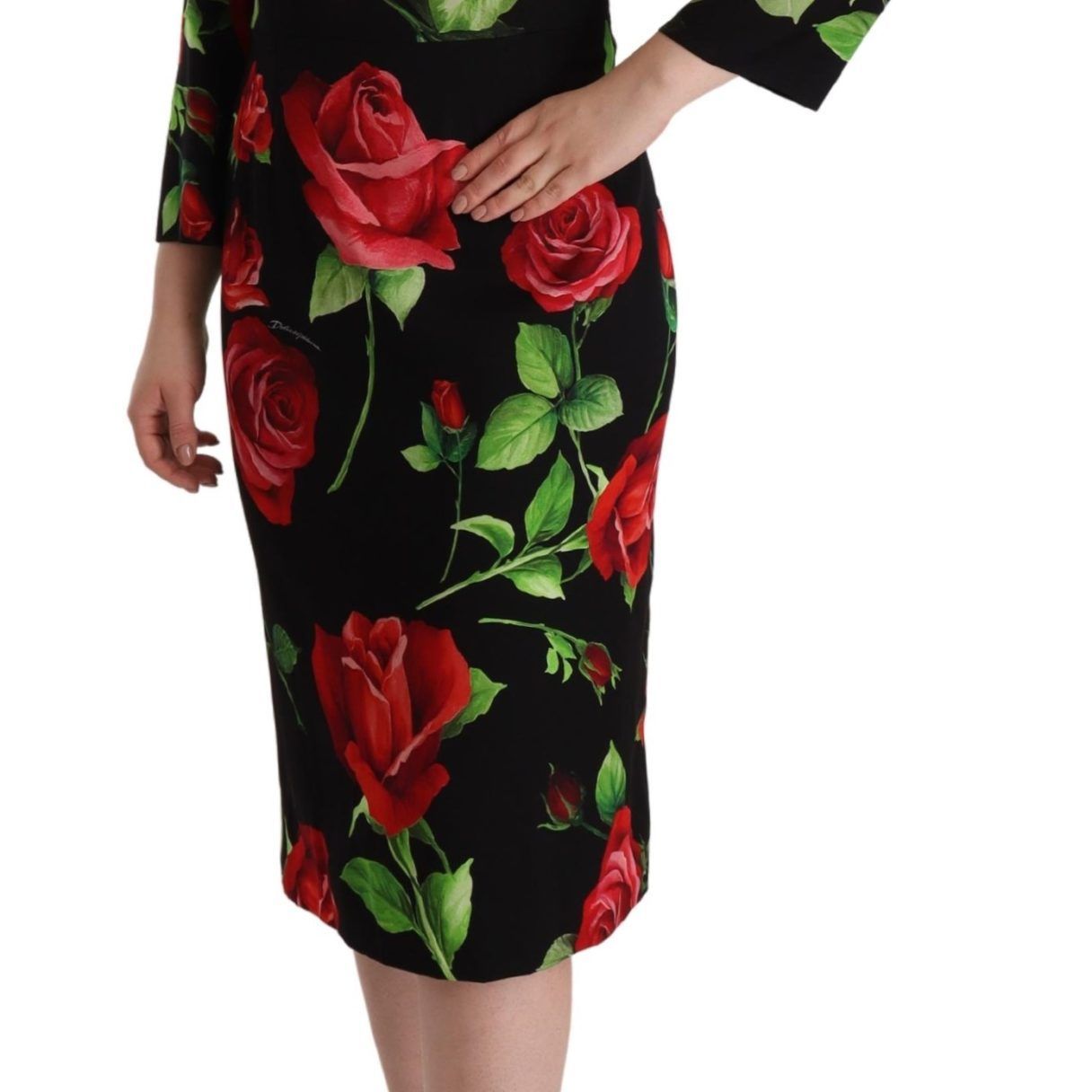 Dolce & Gabbana Black Red Roses Sheath Stretch Silk Dress