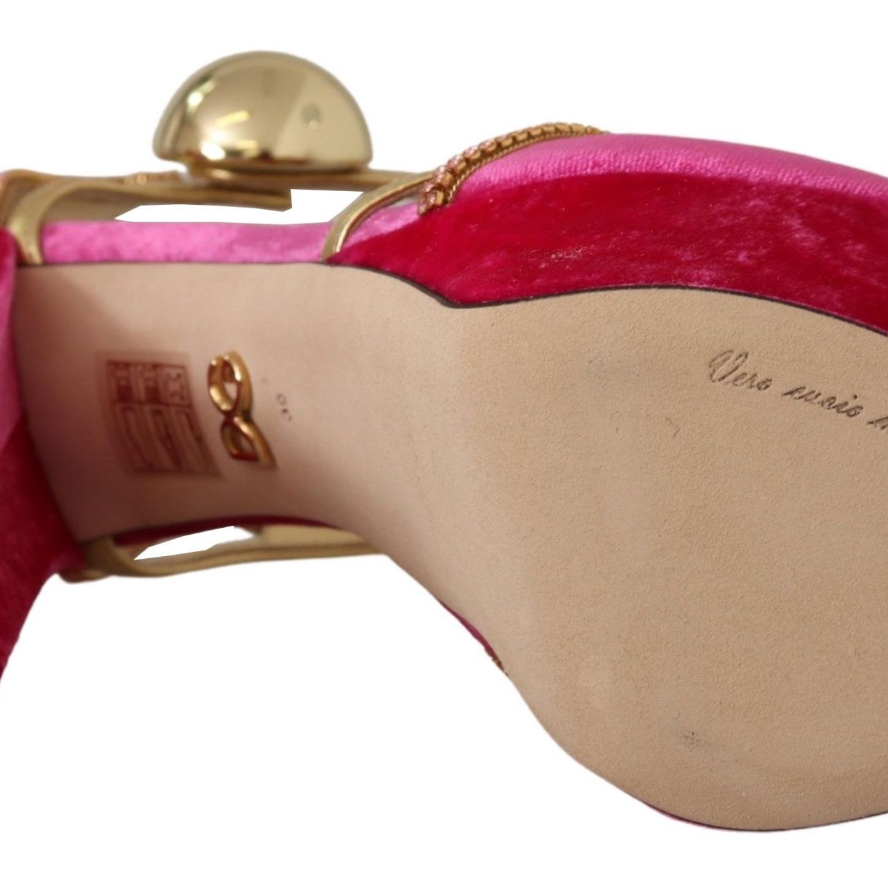 Dolce & Gabbana Pink Velvet Crystal Ankle Strap Sandals Shoes