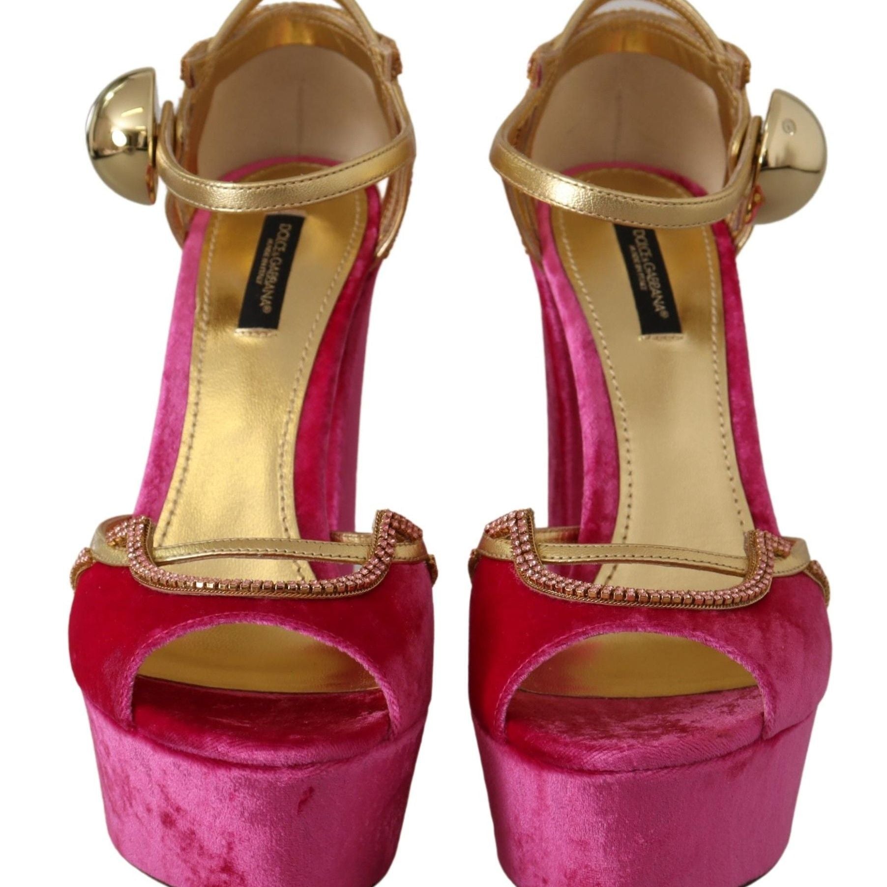 Dolce & Gabbana Pink Velvet Crystal Ankle Strap Sandals Shoes