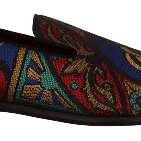 Dolce & Gabbana Multicolor Jacquard Crown Slippers Loafers Shoes
