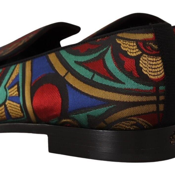 Dolce & Gabbana Multicolor Jacquard Crown Slippers Loafers Shoes