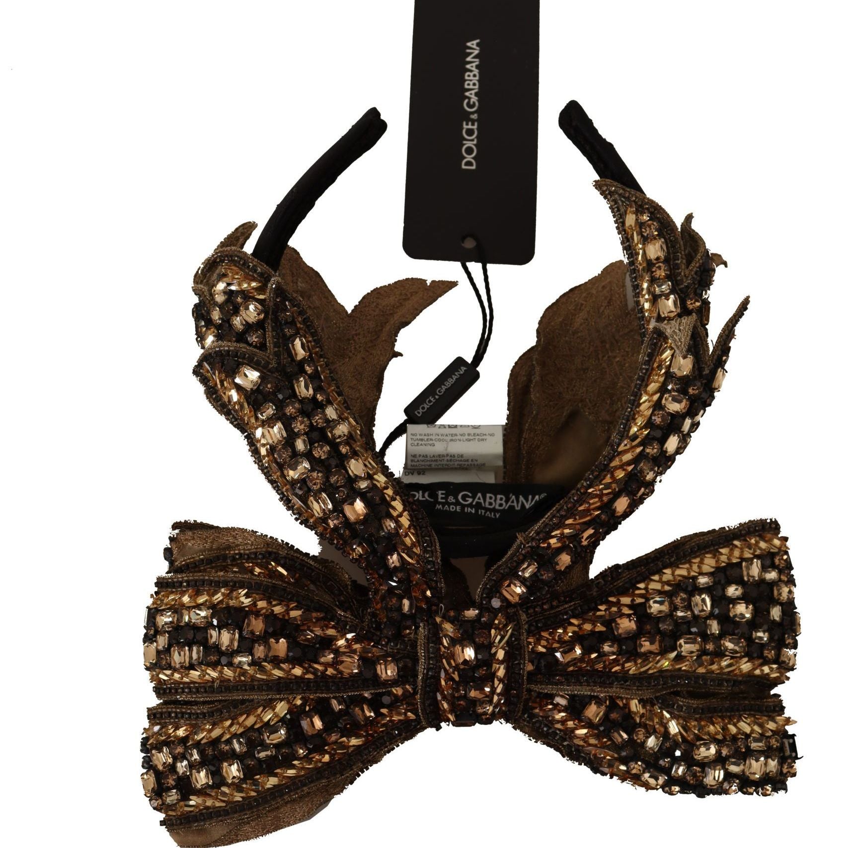 Dolce & Gabbana Gold Crystal Beaded Sequined Silk Bow Headband Diadem