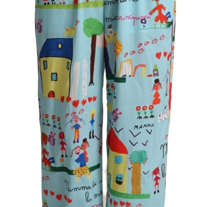 Dolce & Gabbana Light Blue Drawing Mid Waist Wide Leg Pants