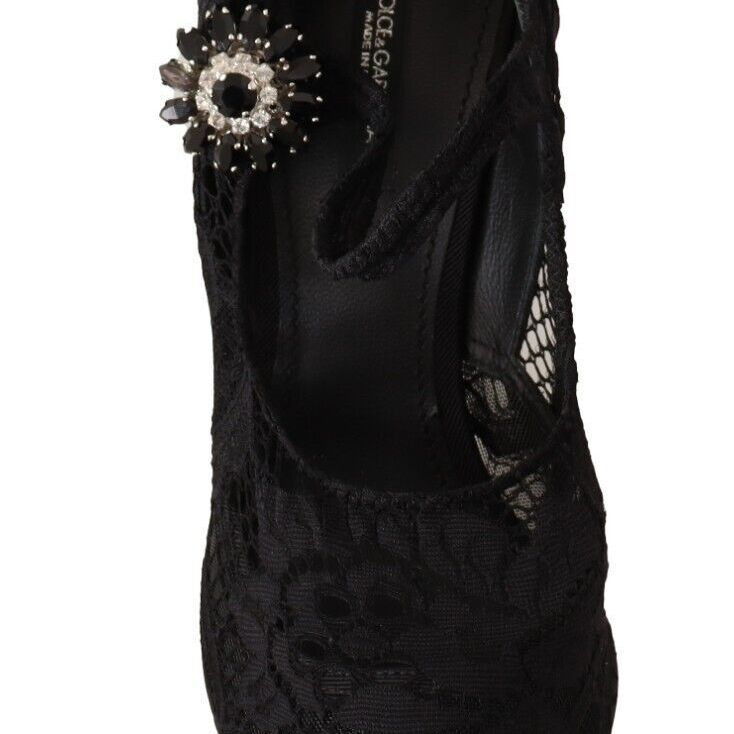 Dolce & Gabbana Black Lace Crystals Heels Mary Jane Pumps Shoes