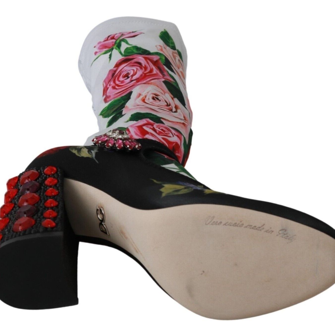 Dolce & Gabbana Black Floral Socks Crystal Jersey Boots Shoes