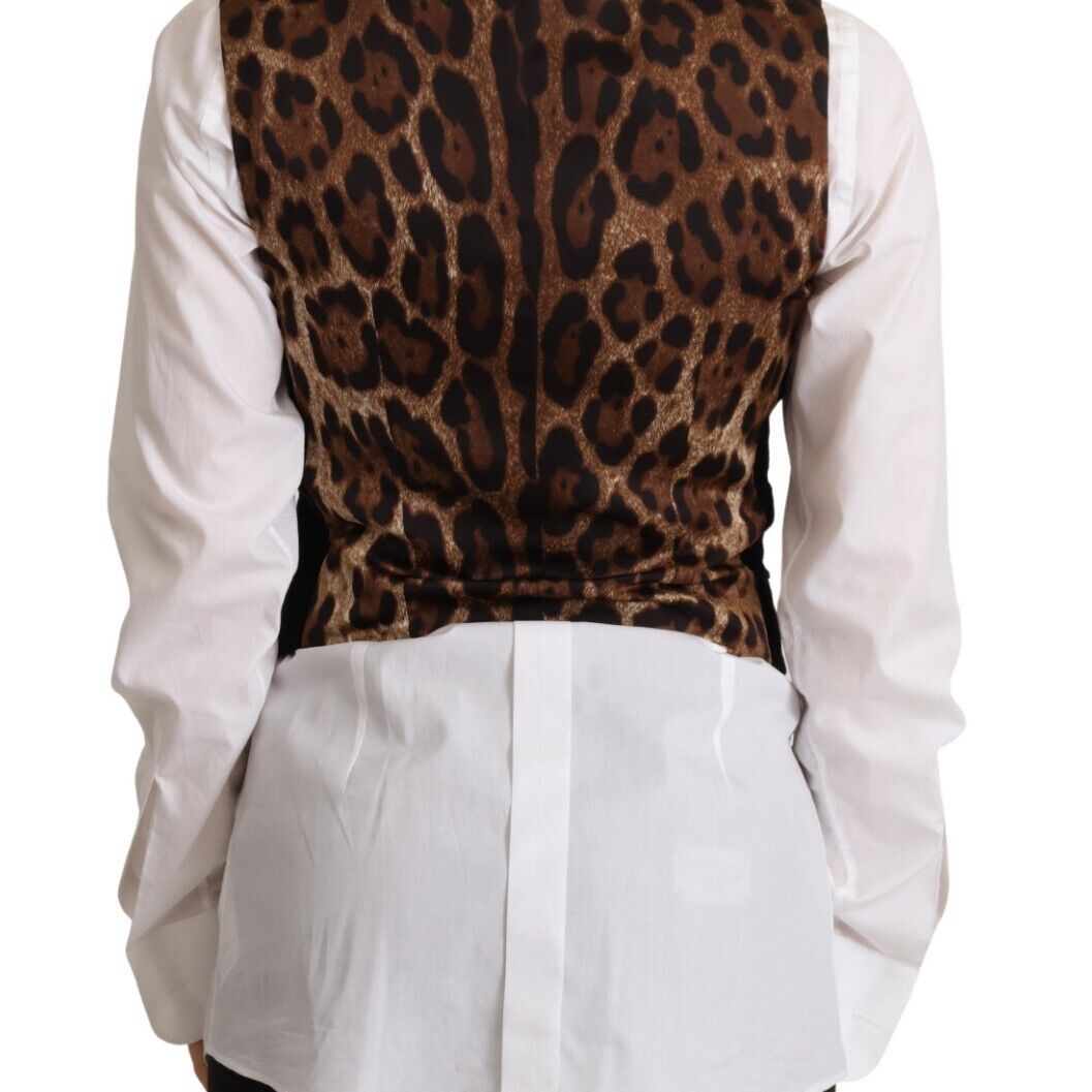 Dolce & Gabbana Black V-neck Leopard Corduroy Button Vest Top