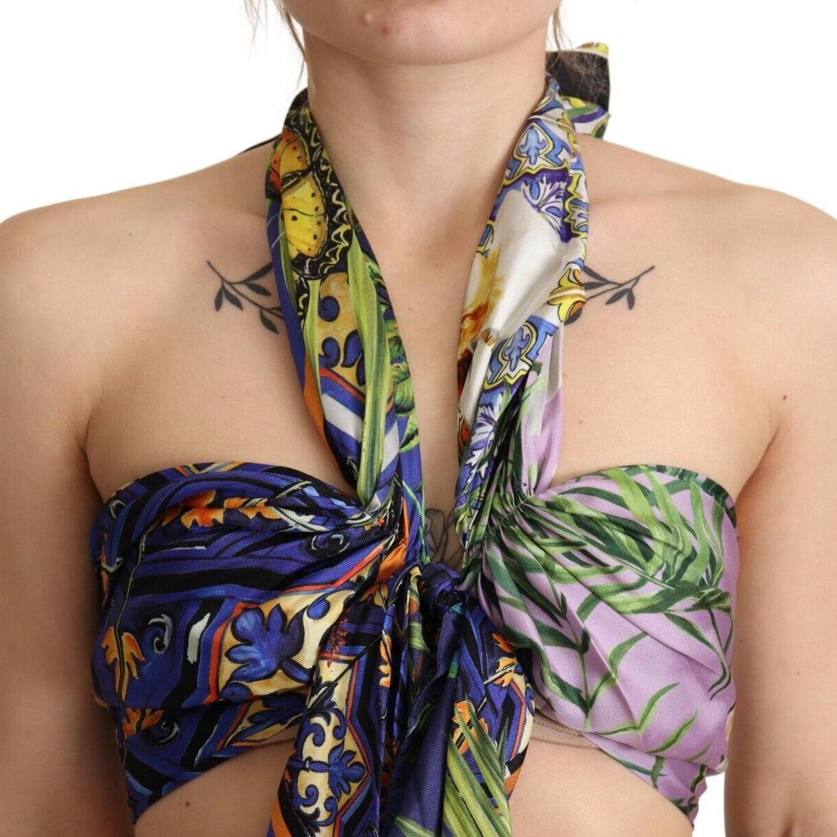 Dolce & Gabbana Multicolor Foulard Silk Halter Cropped Top
