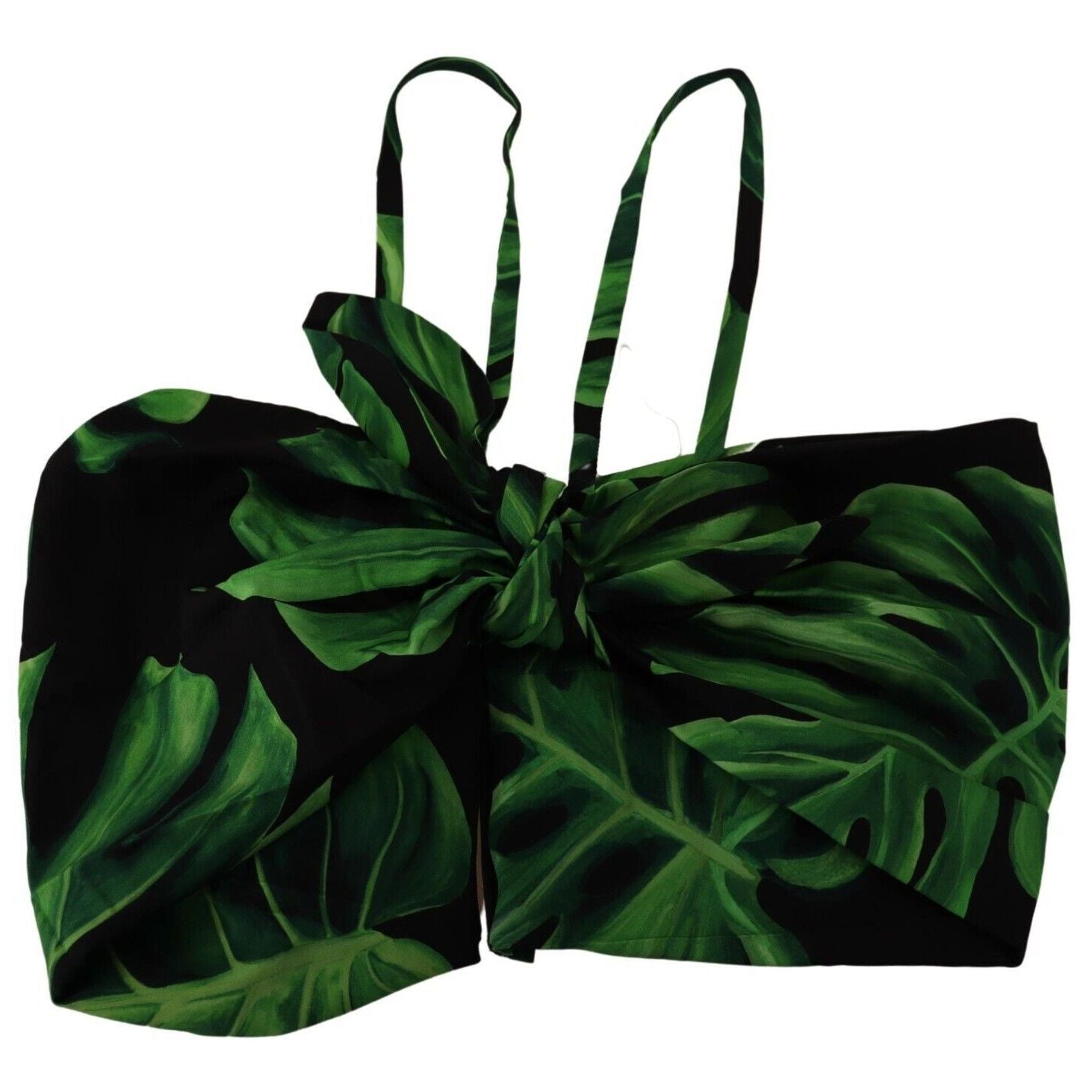Dolce & Gabbana Black Green Leaf Silk Halter Cropped Top