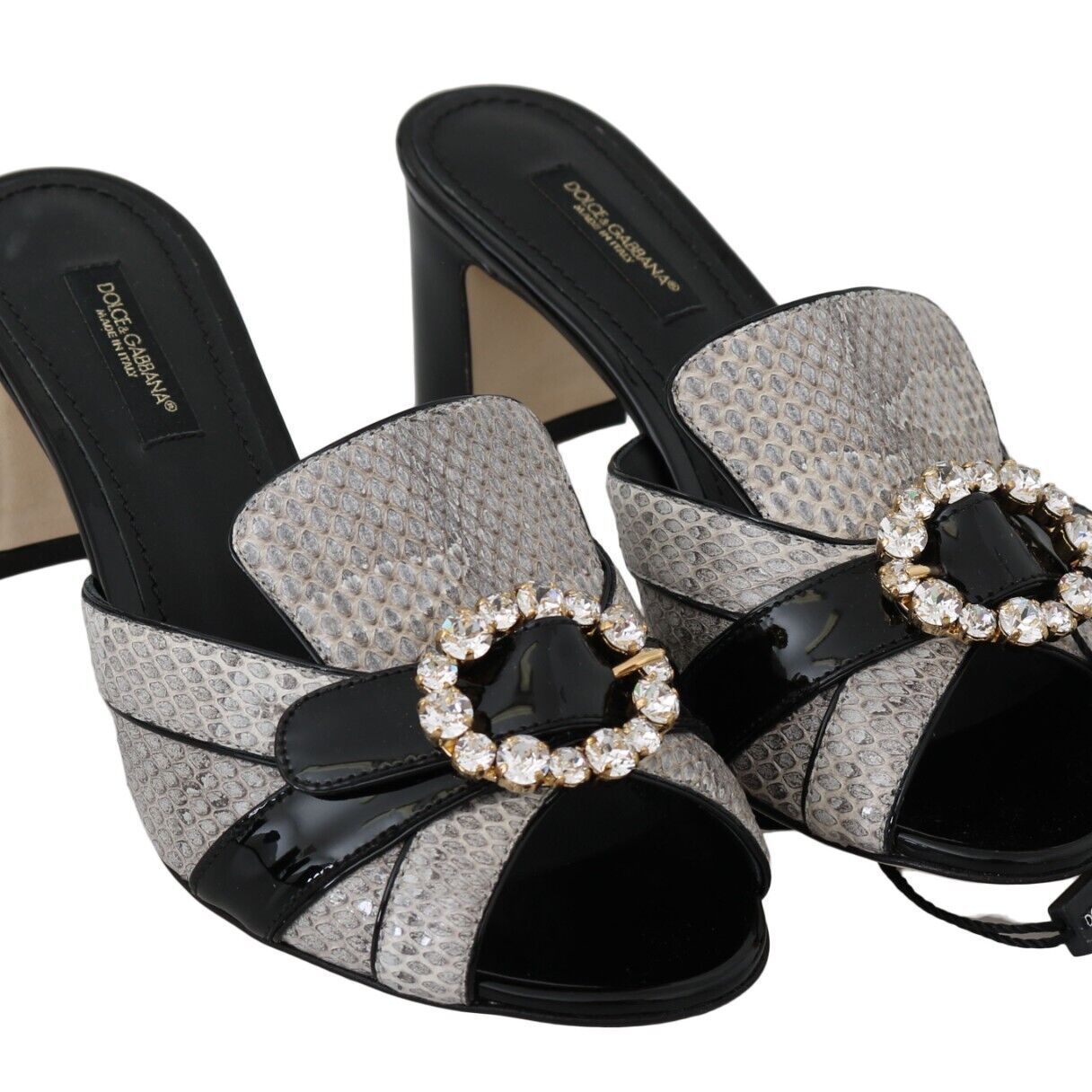 Dolce & Gabbana Black Gray Exotic Leather Crystals Sandals Shoes