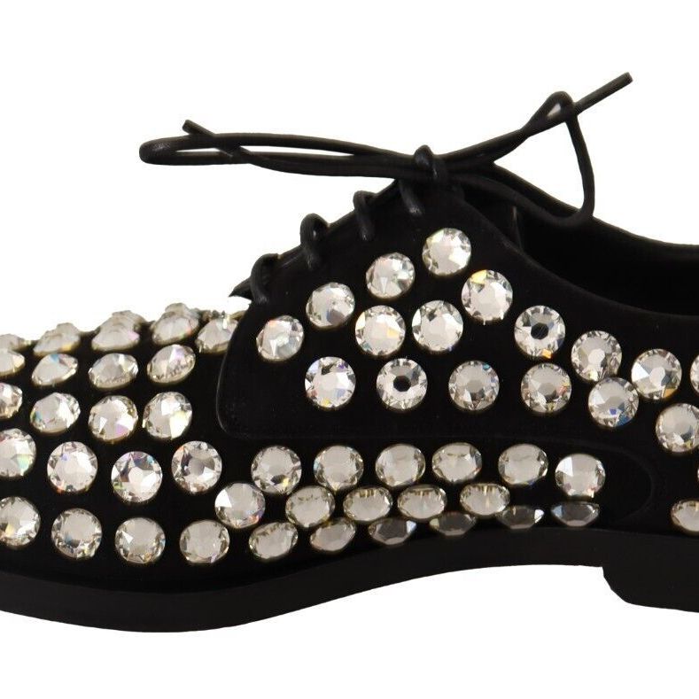 Dolce & Gabbana Black Leather Crystals Lace Up Formal Shoes