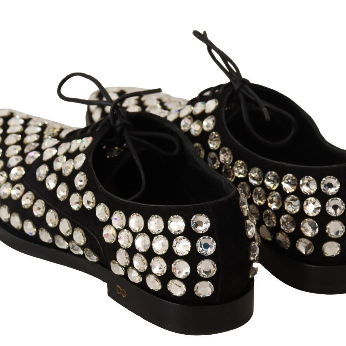 Dolce & Gabbana Black Leather Crystals Lace Up Formal Shoes