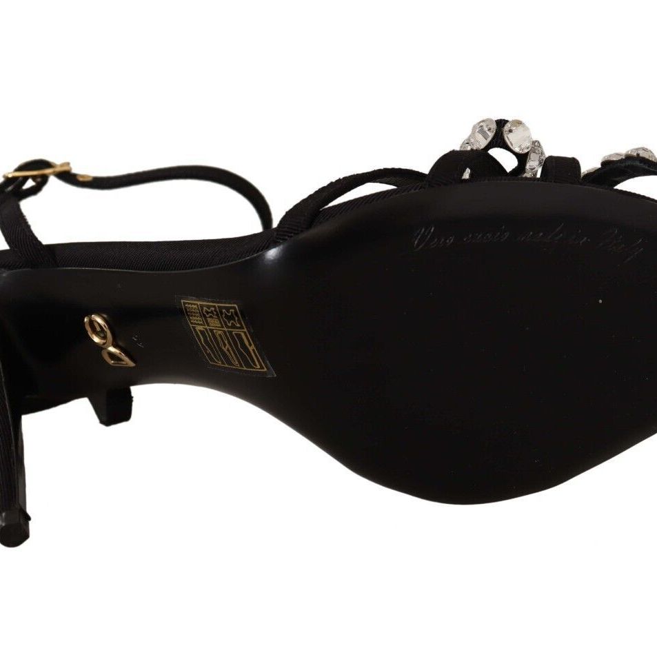 Dolce & Gabbana Black Crystals Ankle Strap Heels Sandals Shoes