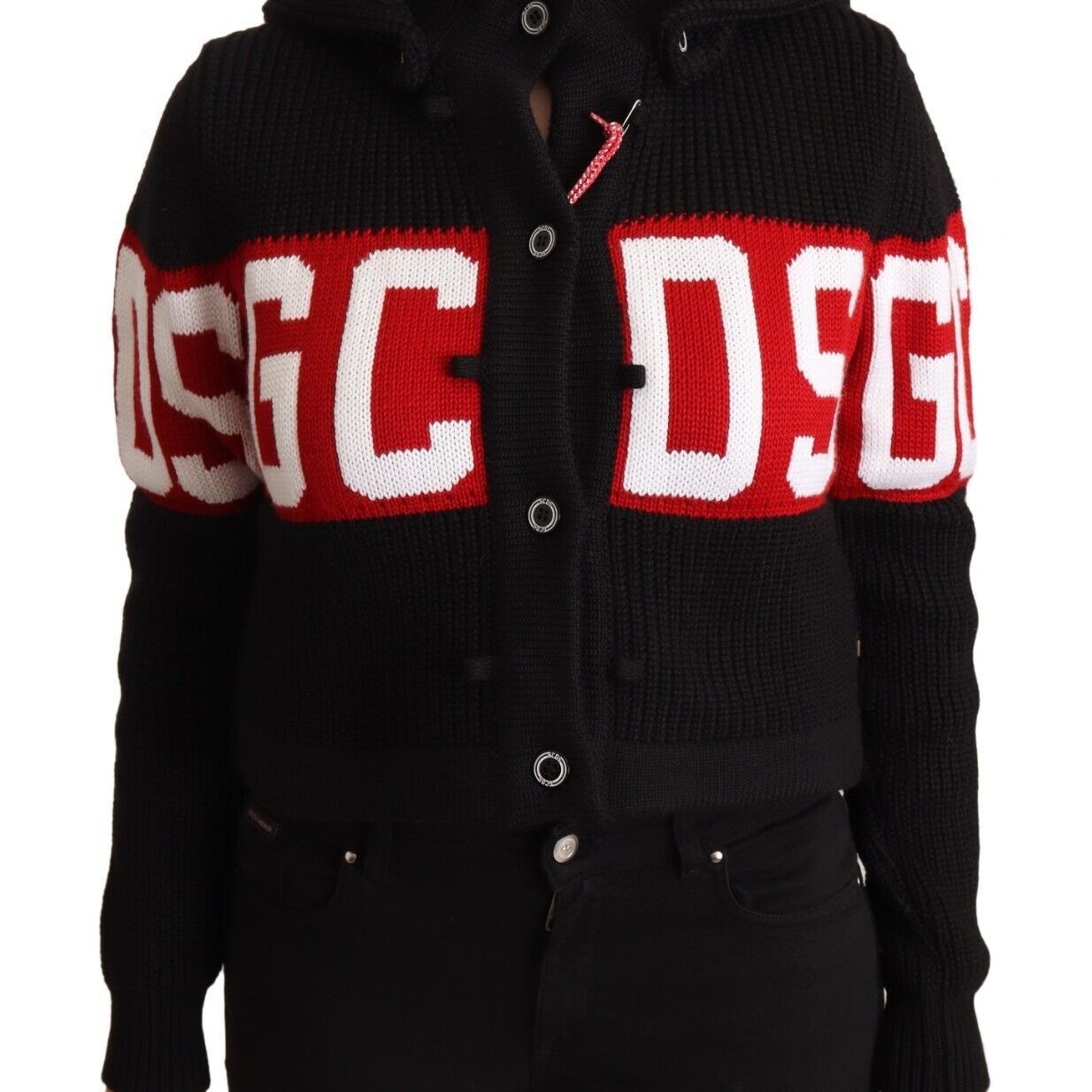 GCDS Black Cashmere Hooded Button Down Logo Cardigan Jacket