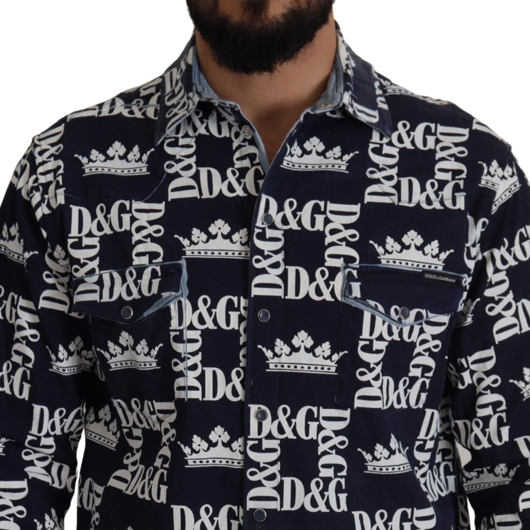 Dolce & Gabbana Blue Denim Stretch DG Crown Logo Casual Shirt