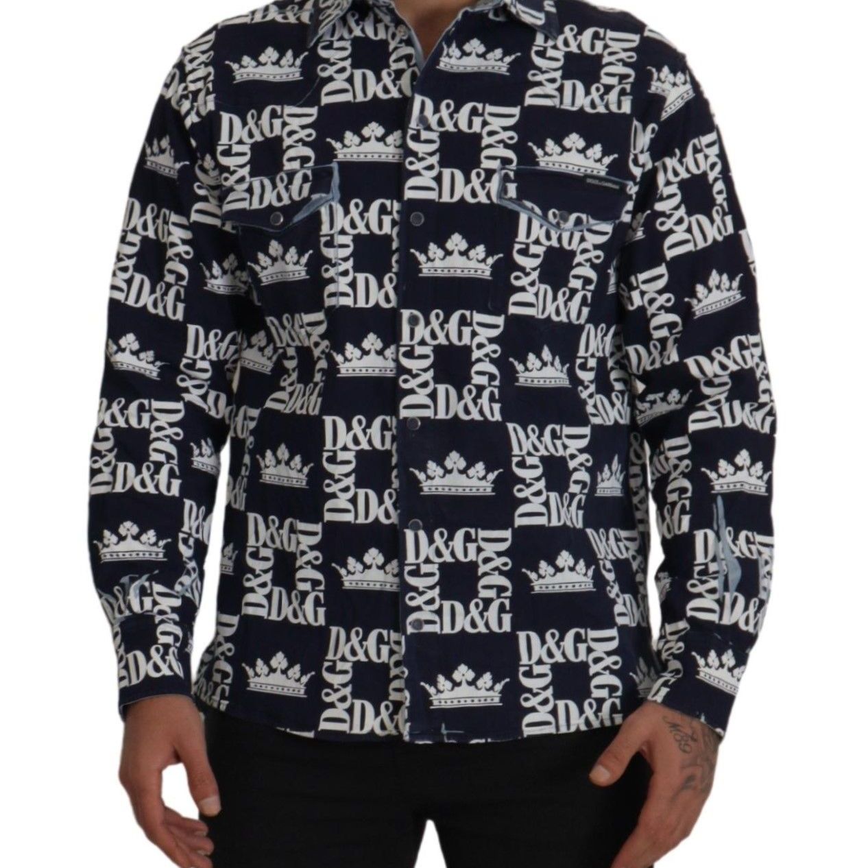 Dolce & Gabbana Blue Denim Stretch DG Crown Logo Casual Shirt