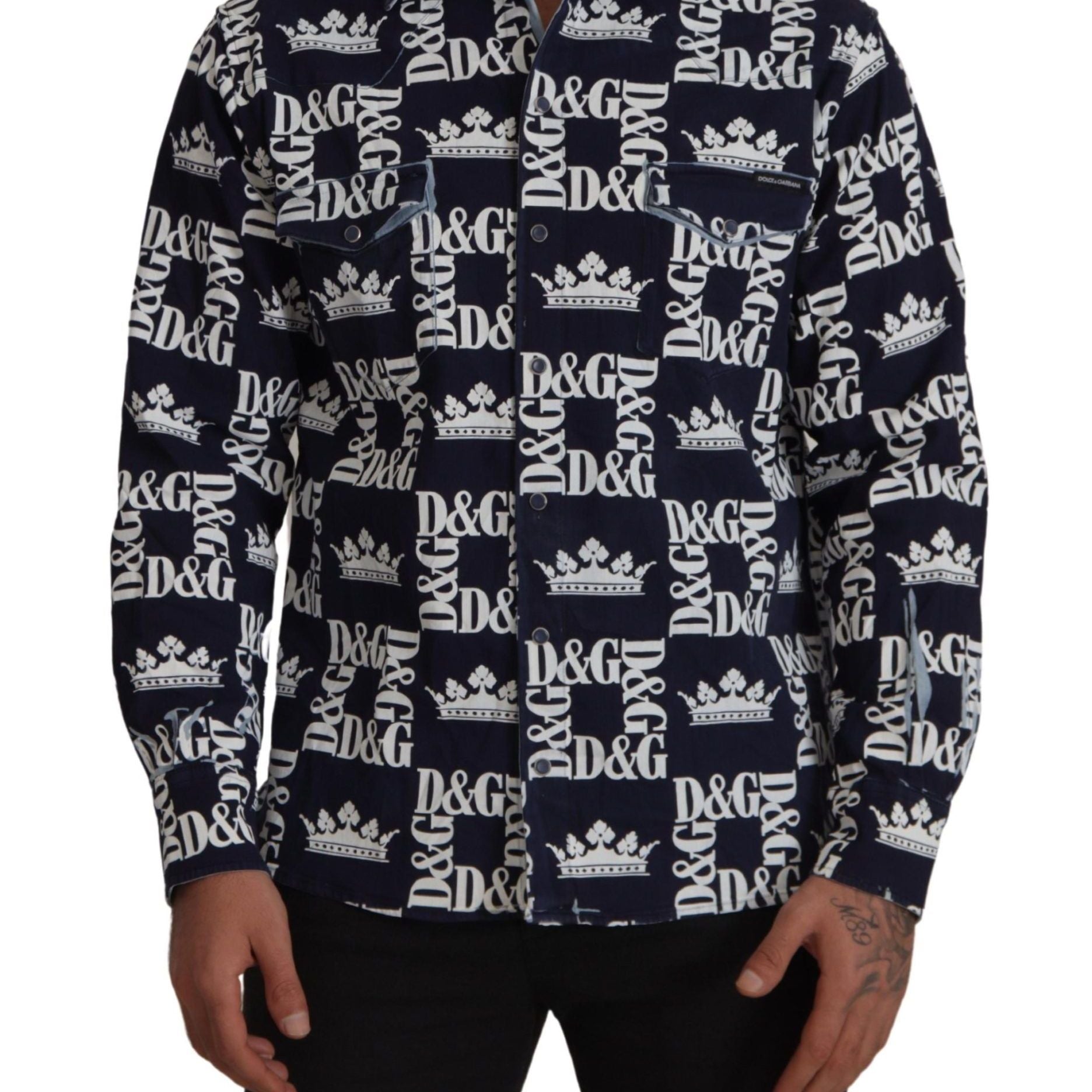 Dolce & Gabbana Blue Denim Stretch DG Crown Logo Casual Shirt