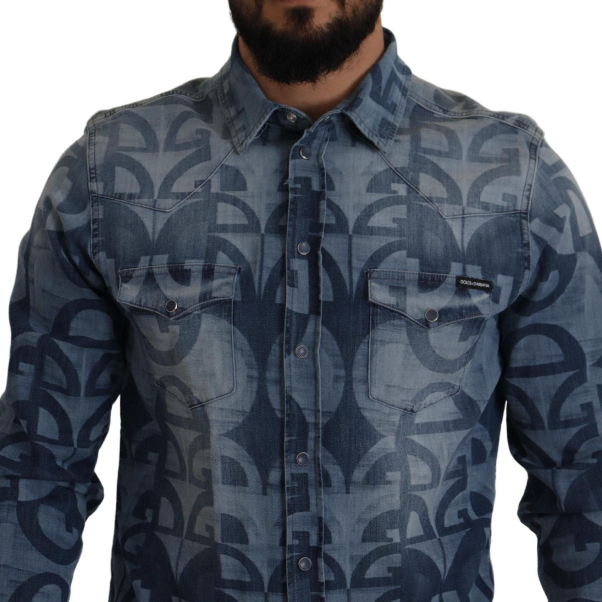 Dolce & Gabbana Blue Denim Stretch DG Logo Casual Mens Slim Shirt
