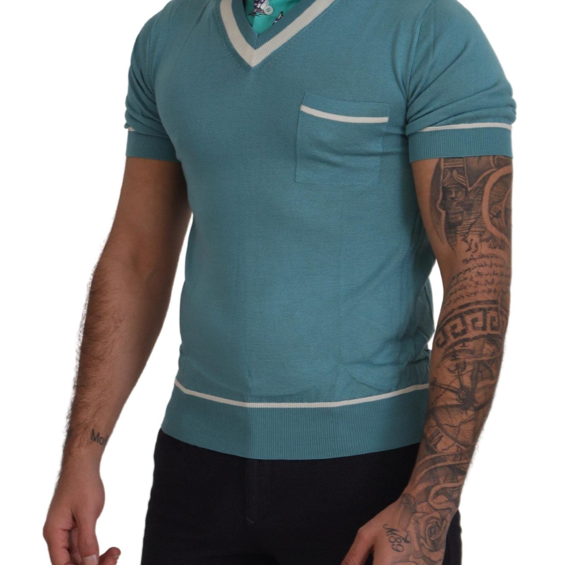 Dolce & Gabbana Blue Silk Polo Top Mens V-neck T-shirt
