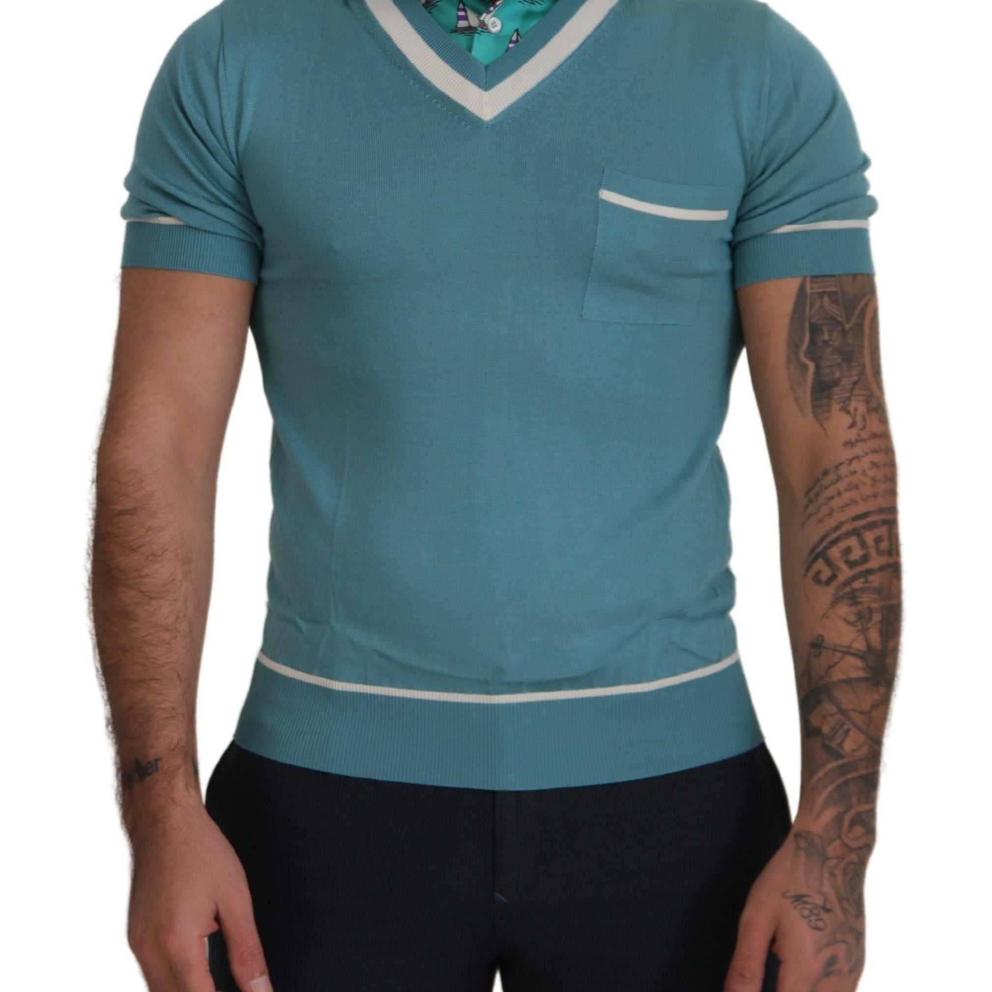 Dolce & Gabbana Blue Silk Polo Top Mens V-neck T-shirt