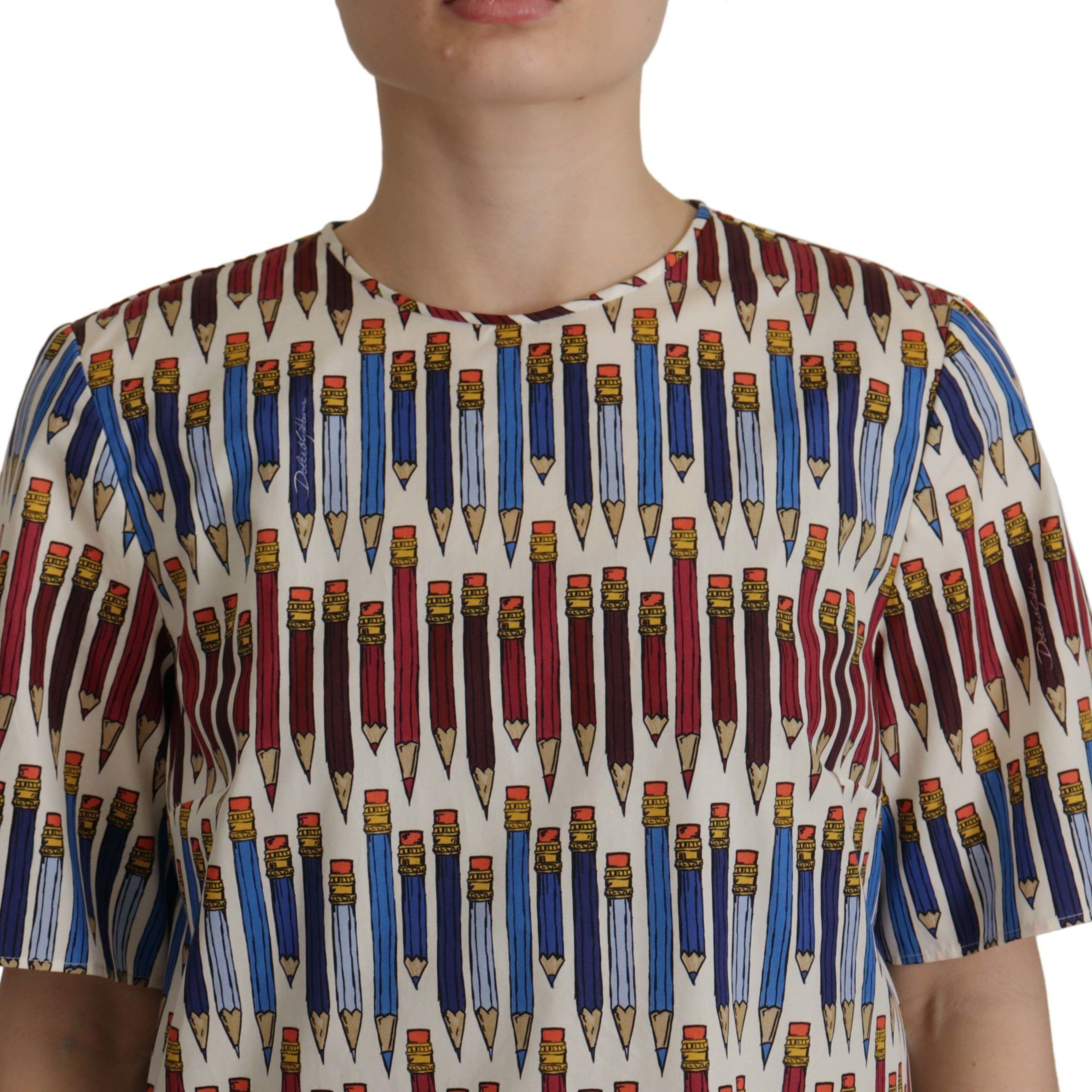 Dolce & Gabbana White Pencil Print Cotton T-shirt Blouse
