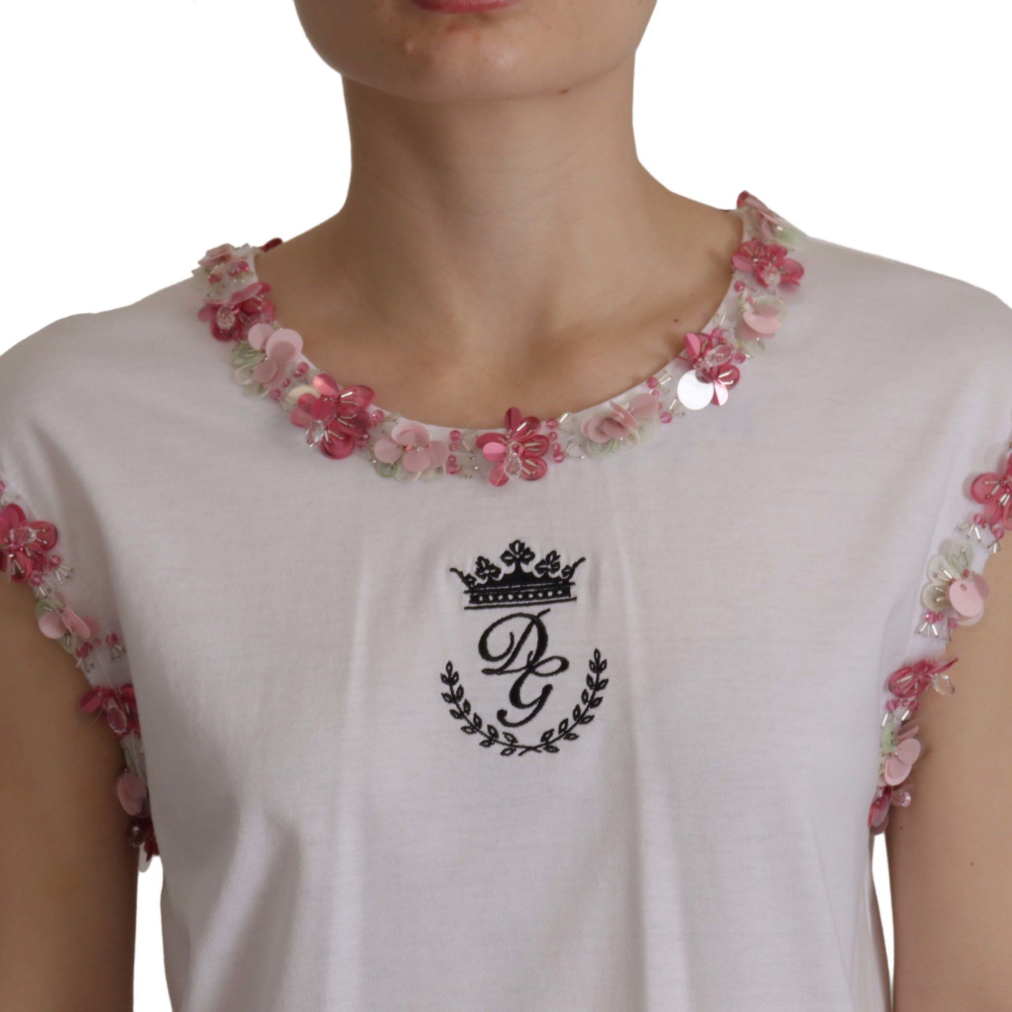 Dolce & Gabbana White DG Crown Floral Sequin T-shirt