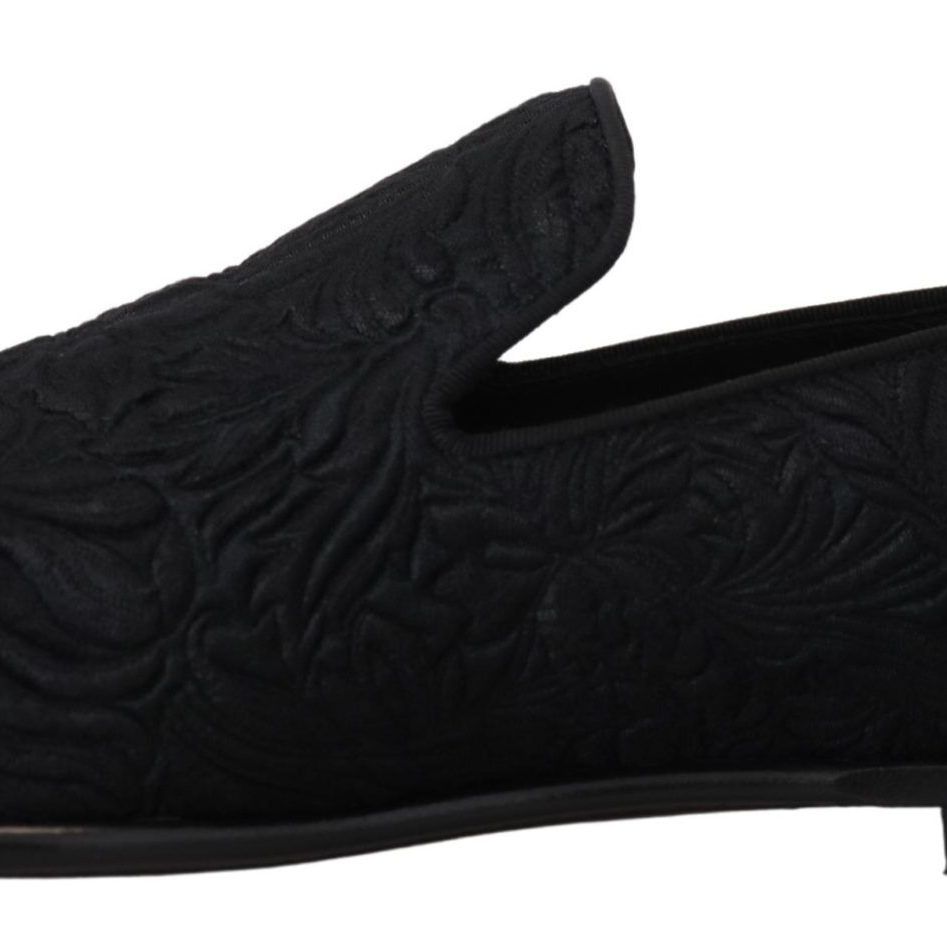 Dolce & Gabbana Black Floral Jacquard Slippers Loafers Shoes