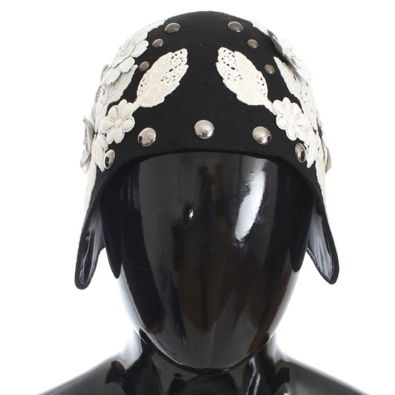 Dolce & Gabbana Black Wool White Floral Gold Leaf Hat