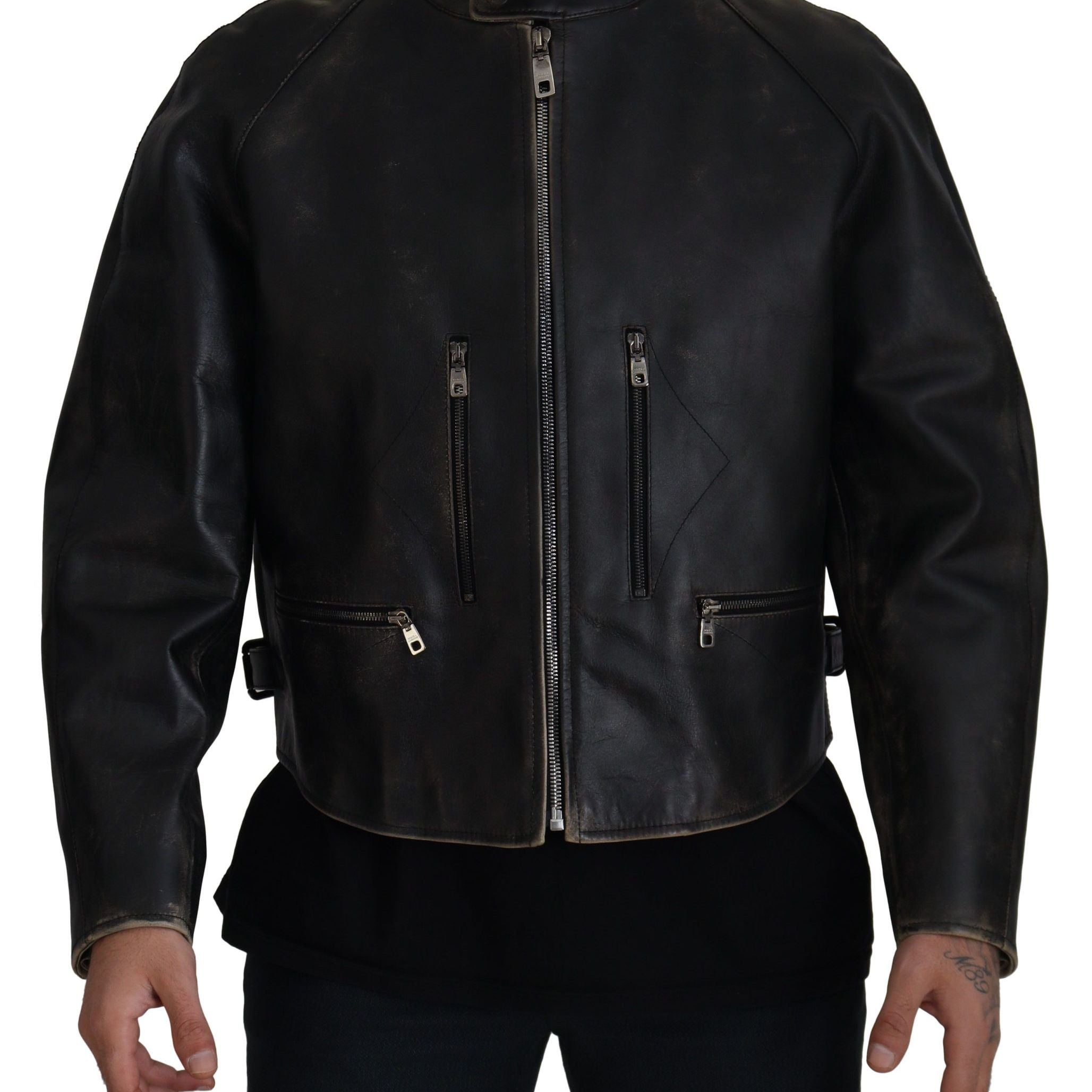 Dolce & Gabbana Black Leather Zipper Biker Coat Jacket