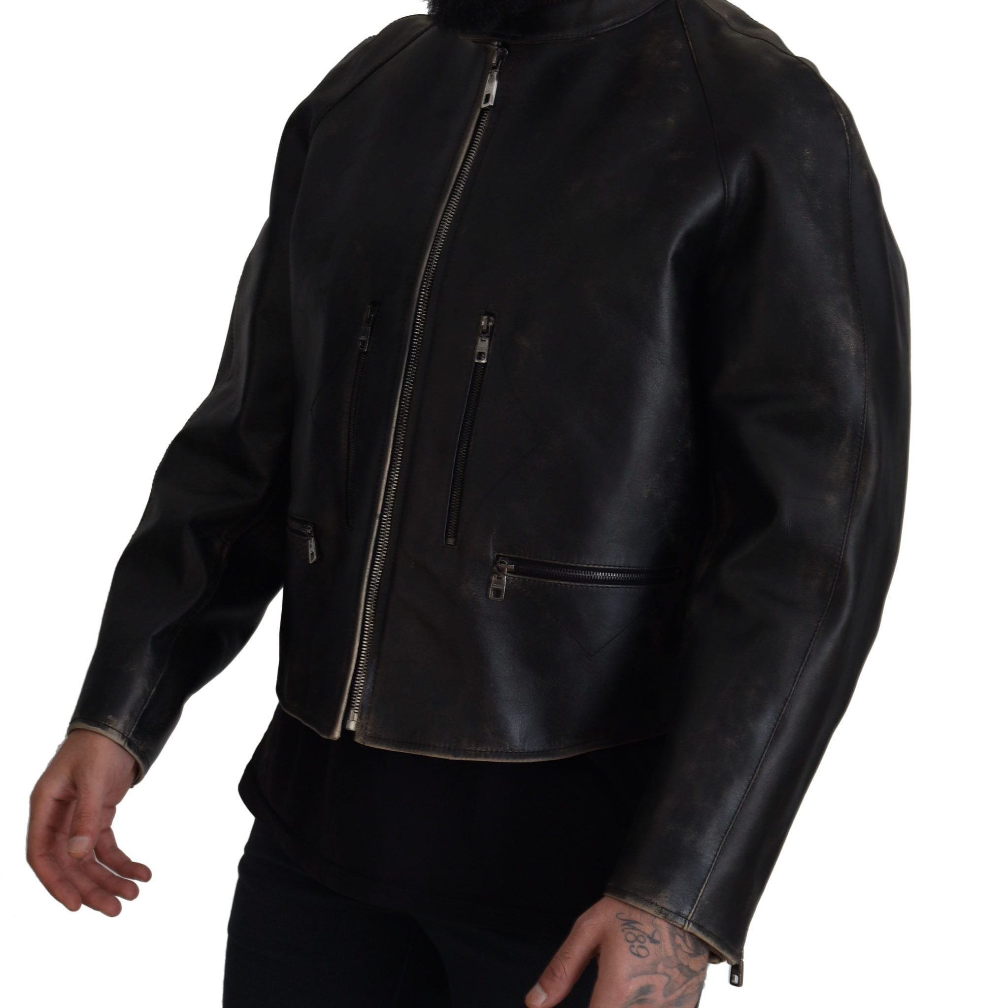 Dolce & Gabbana Black Leather Zipper Biker Coat Jacket