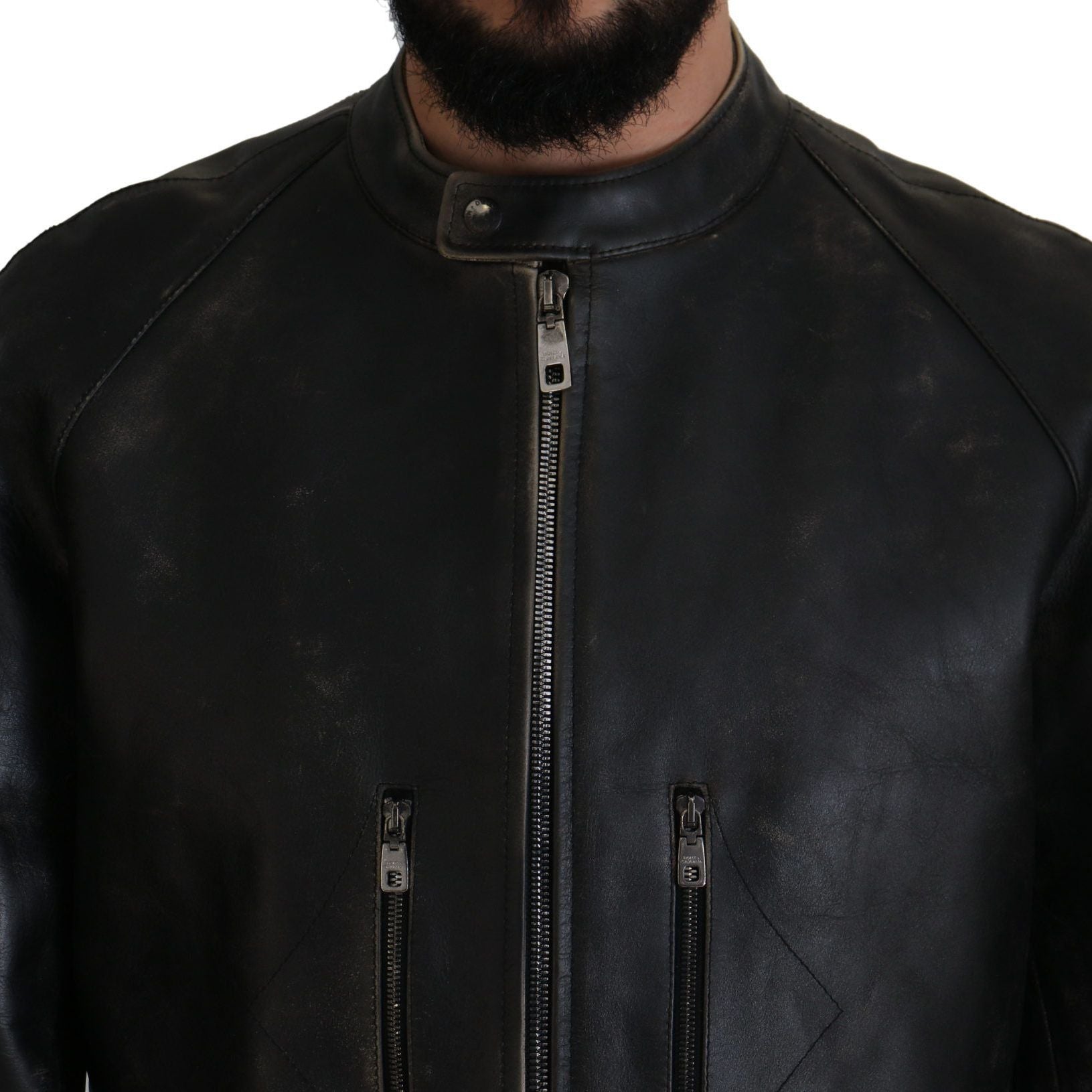 Dolce & Gabbana Black Leather Zipper Biker Coat Jacket