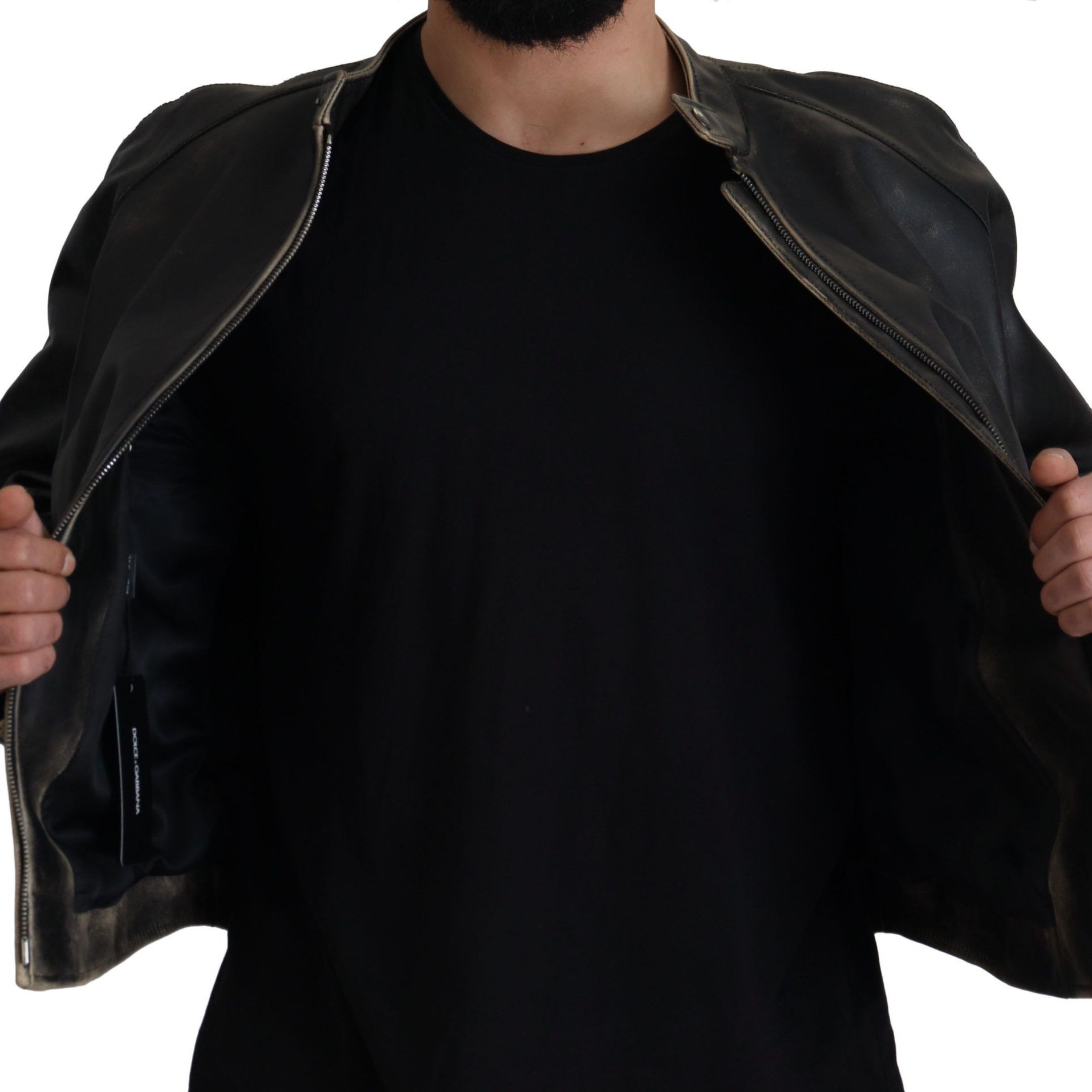 Dolce & Gabbana Black Leather Zipper Biker Coat Jacket