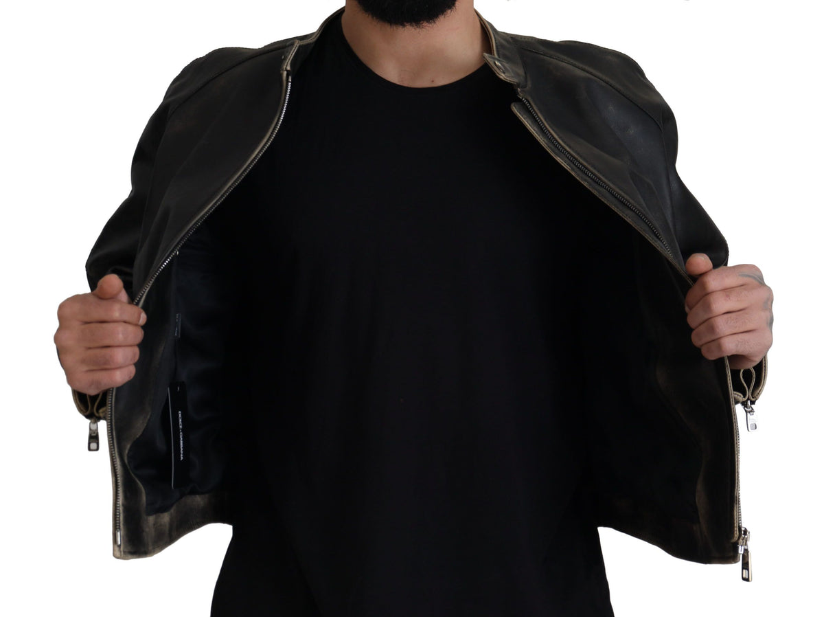 Dolce & Gabbana Black Leather Zipper Biker Coat Jacket