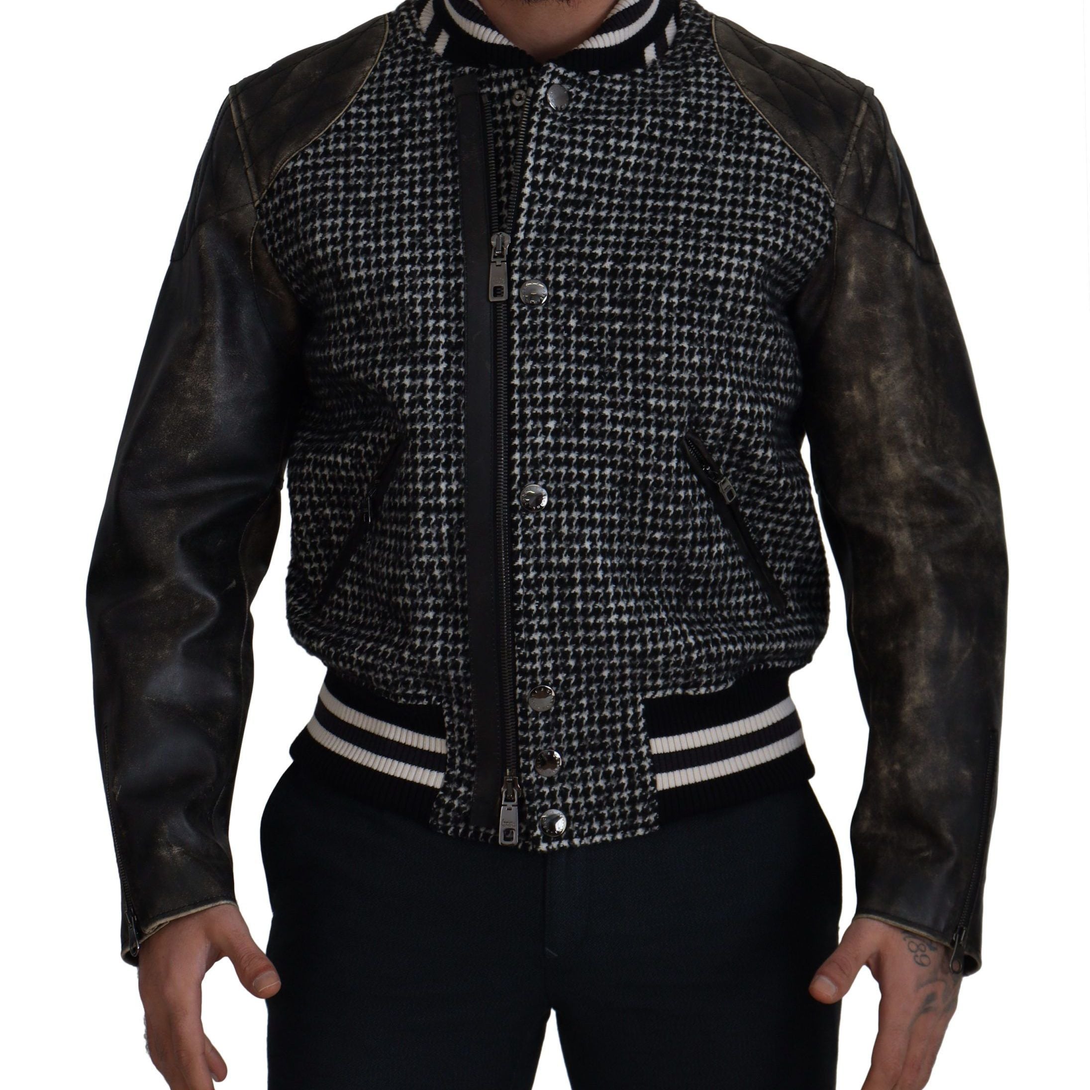 Dolce & Gabbana Dark Gray Houndstooth Polyester Bomber Jacket